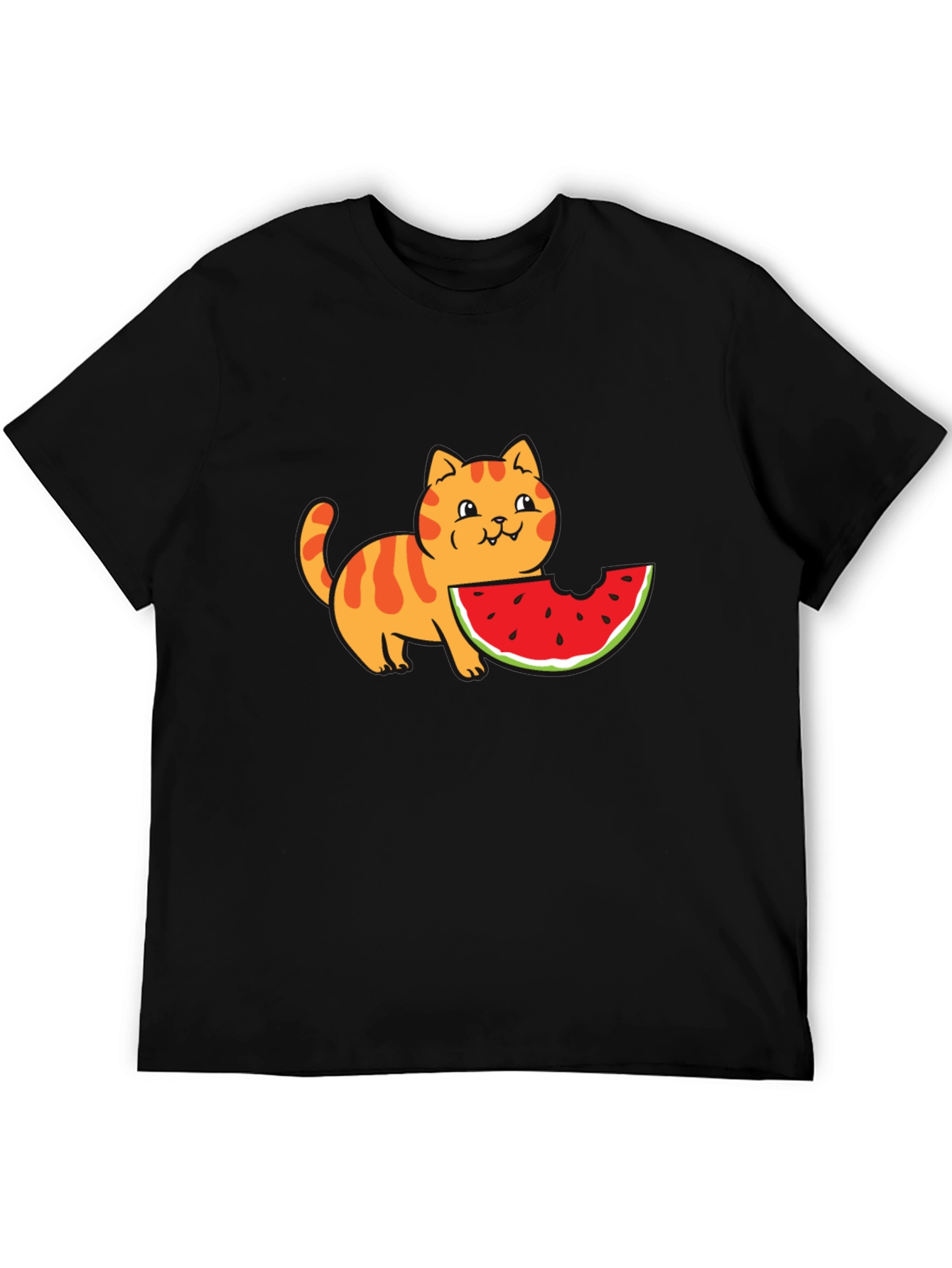Black Cartoon Cat Watermelon Black T-Shirt view 5