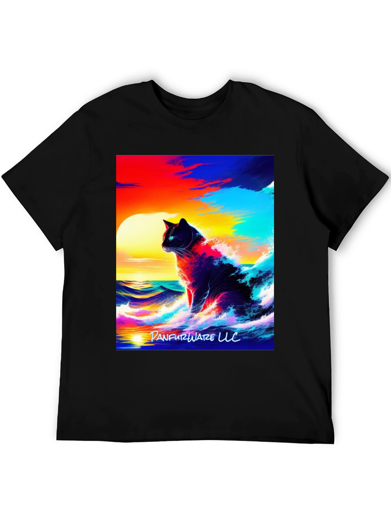 Black Cat Waves T-Shirt - Artistic Sunset Design view 5