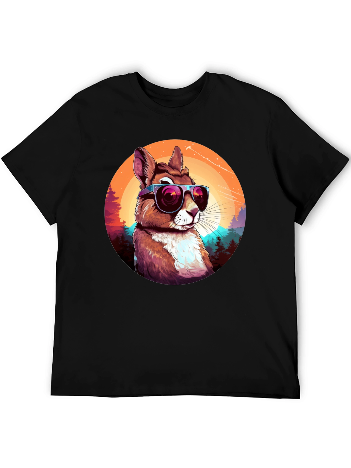 Black Cool Squirrel Graphic Tee - Retro Sunset Design view 5