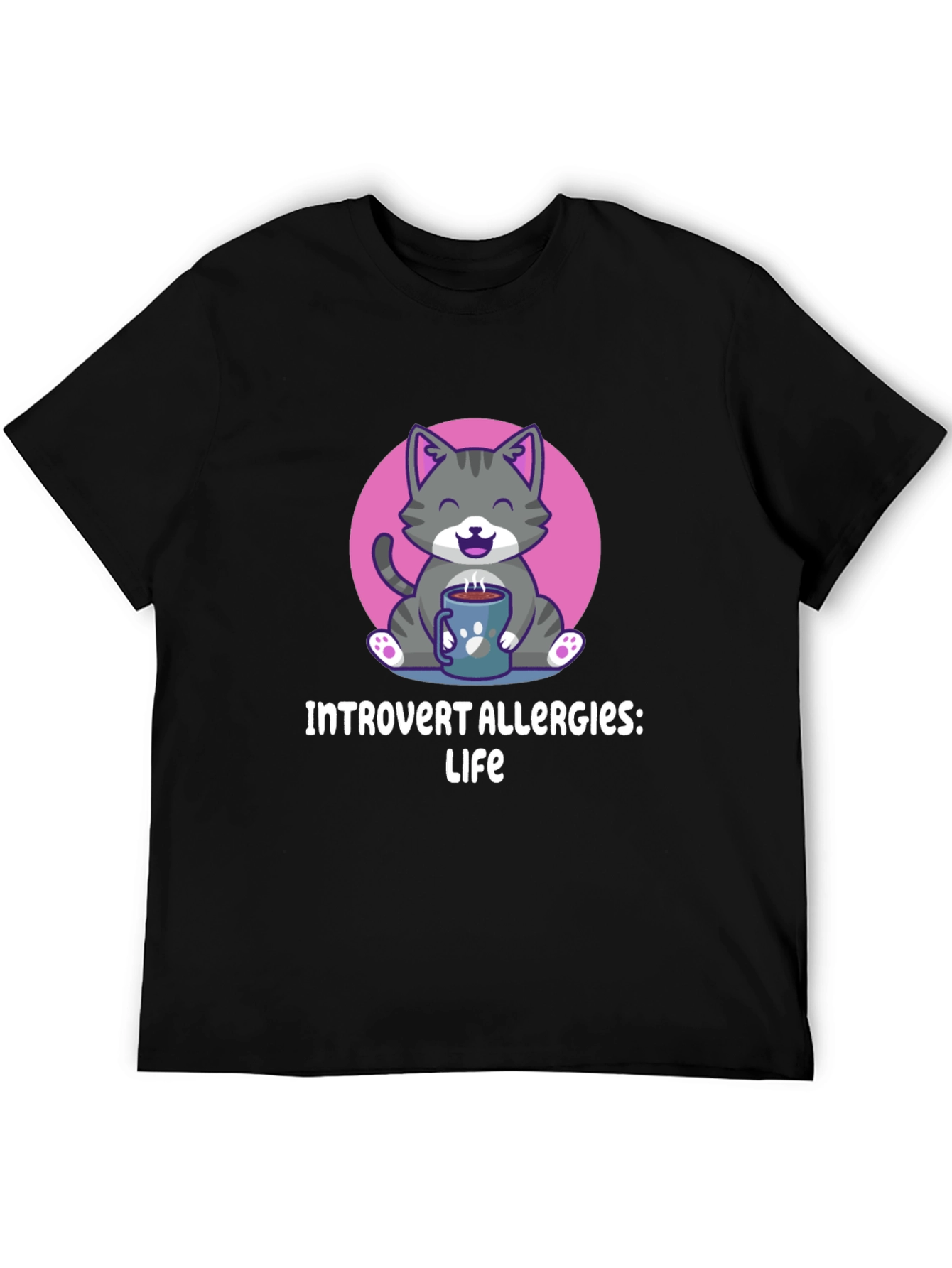 Black Introvert Allergies T-Shirt, Cute Cat Design view 5