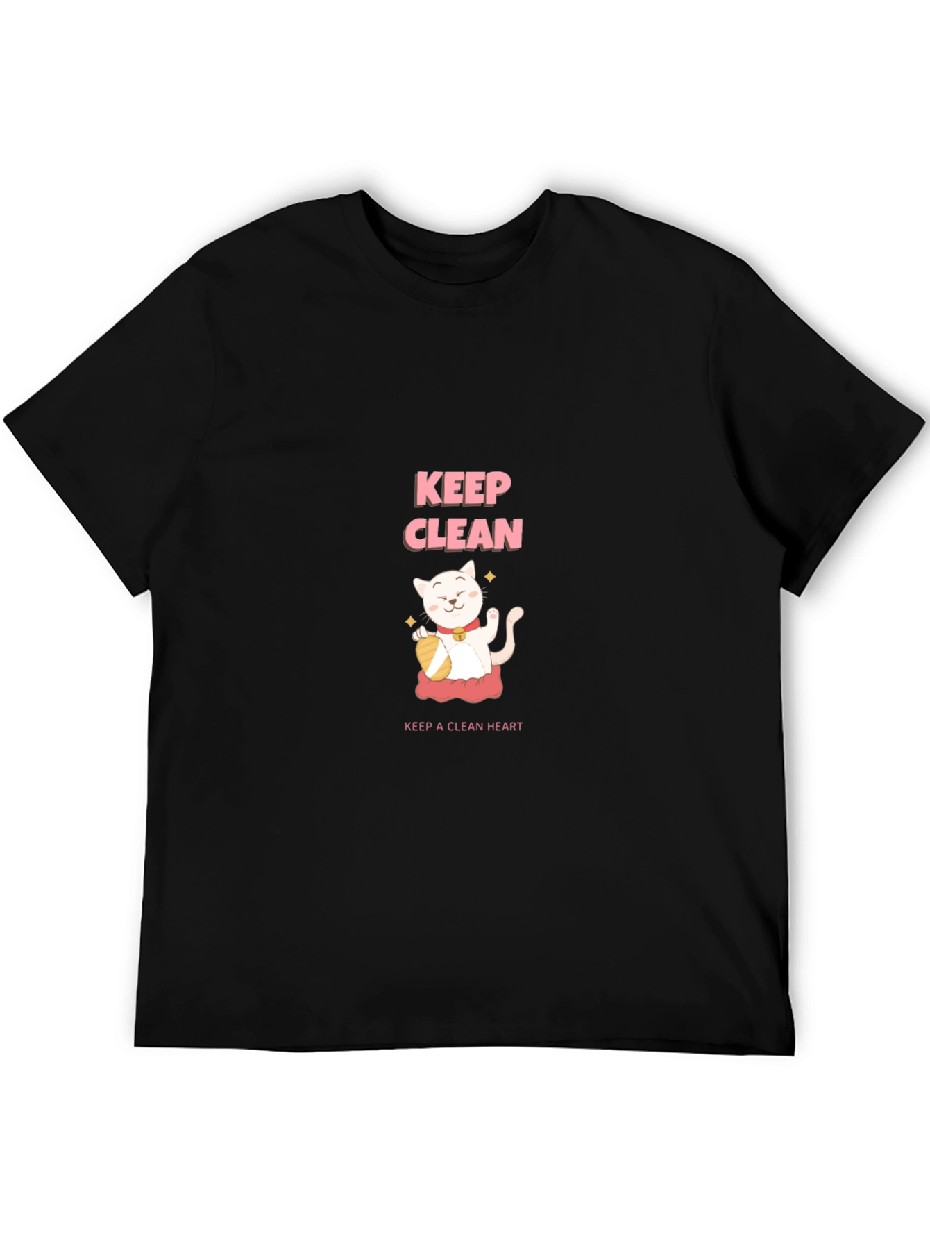 Black Keep Clean Black T-Shirt - Cute Cat Design view 5