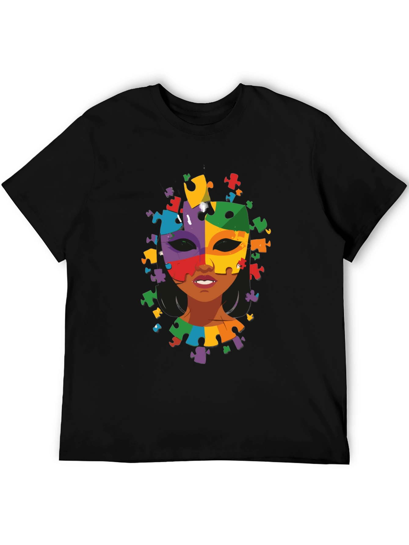 Black Autism Awareness Puzzle Piece Mask Tee view 5