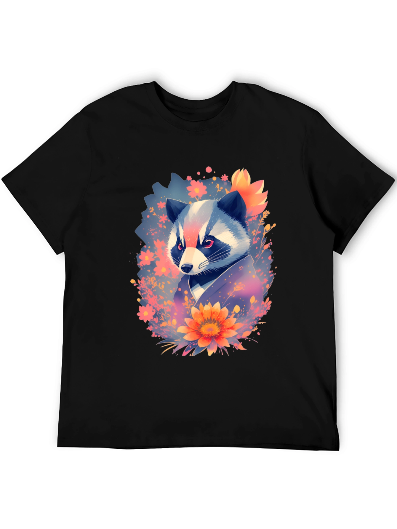 Black Floral Raccoon Graphic Black T-Shirt view 5