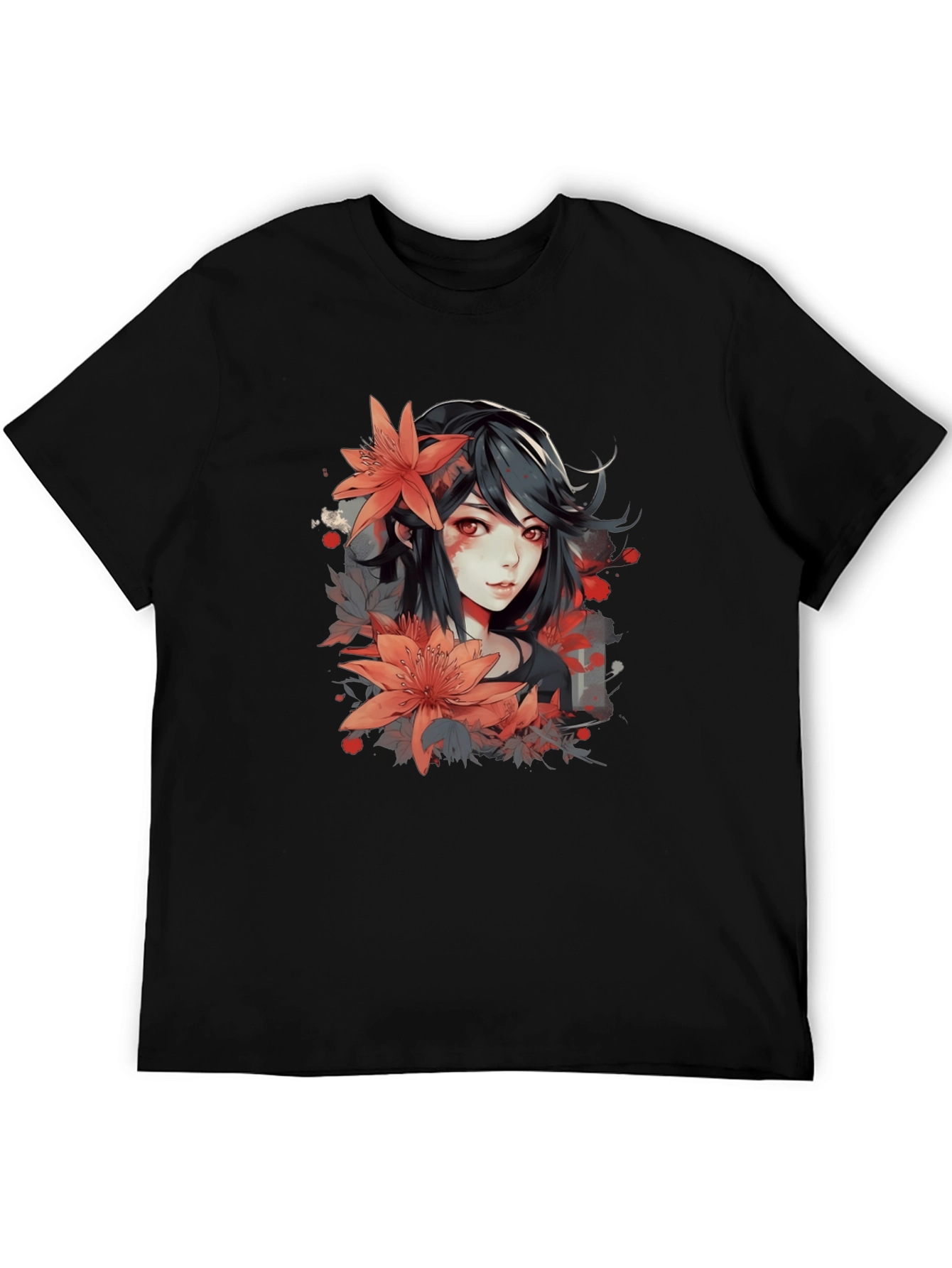 Black Anime Girl Floral Graphic Black T-Shirt view 5