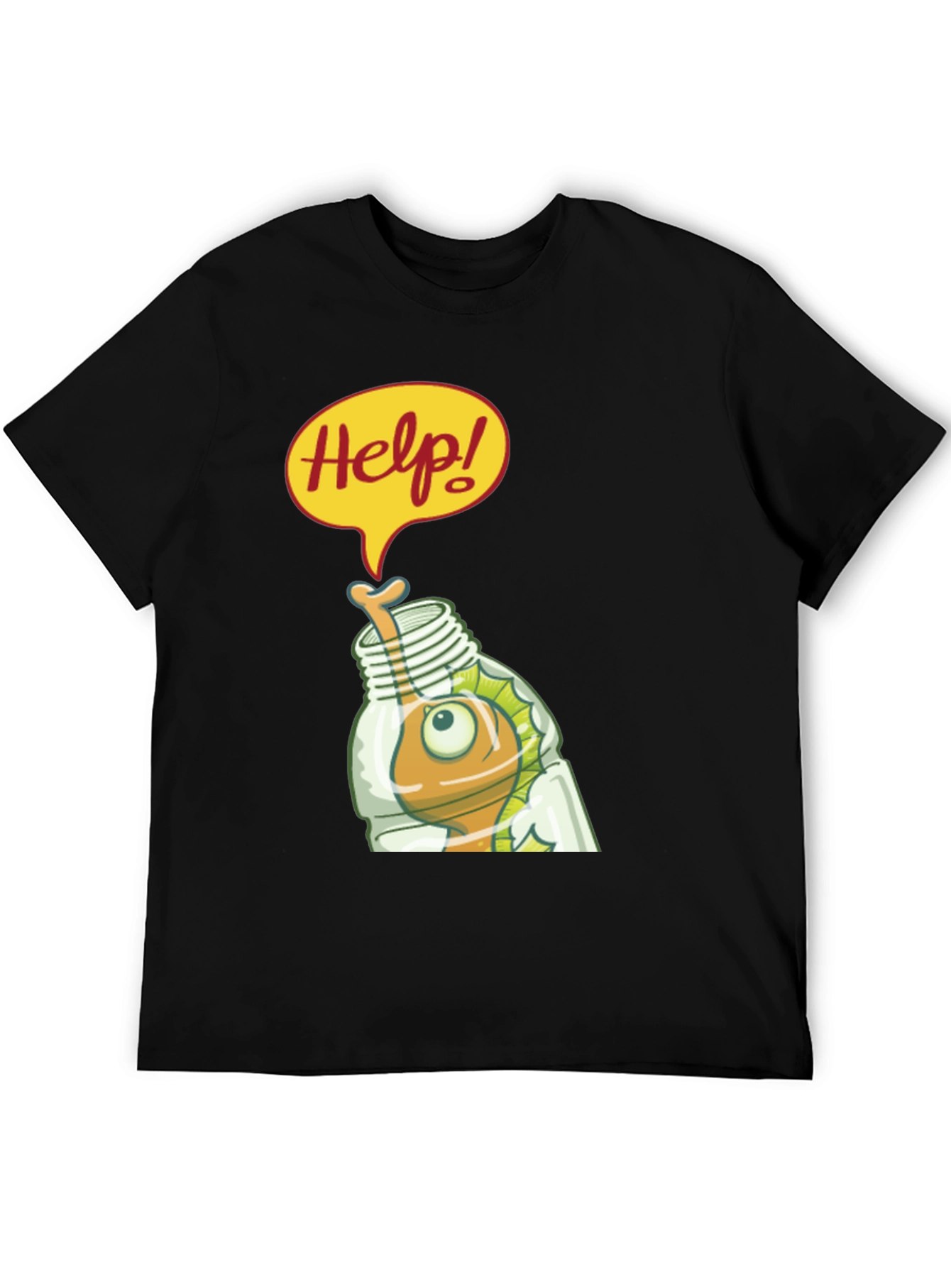 Black Help! Cartoon Fish in Bottle Graphic T-Shirt view 5
