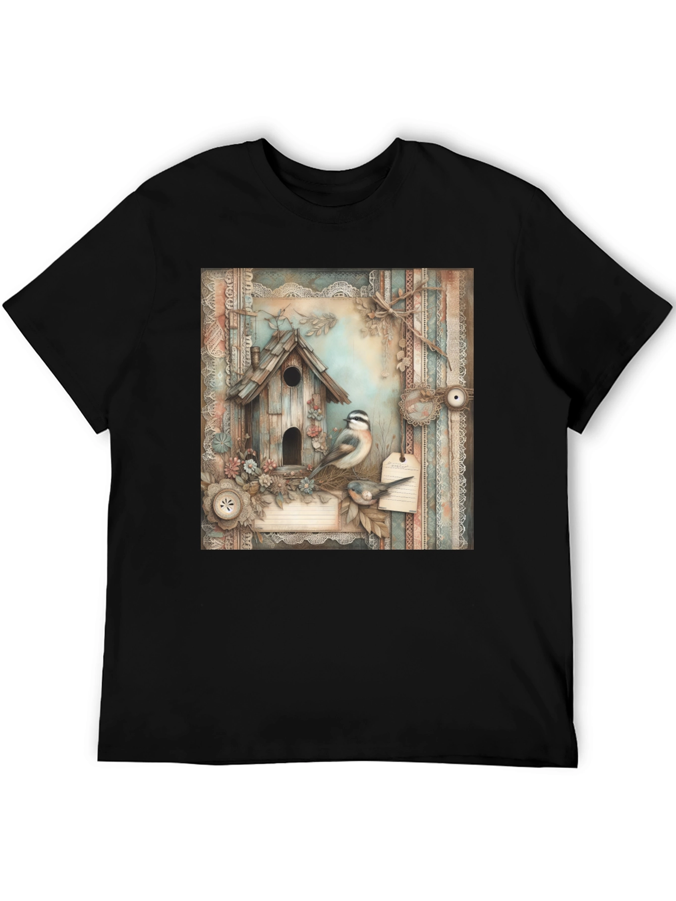 Black Rustic Birdhouse & Bird T-Shirt view 5