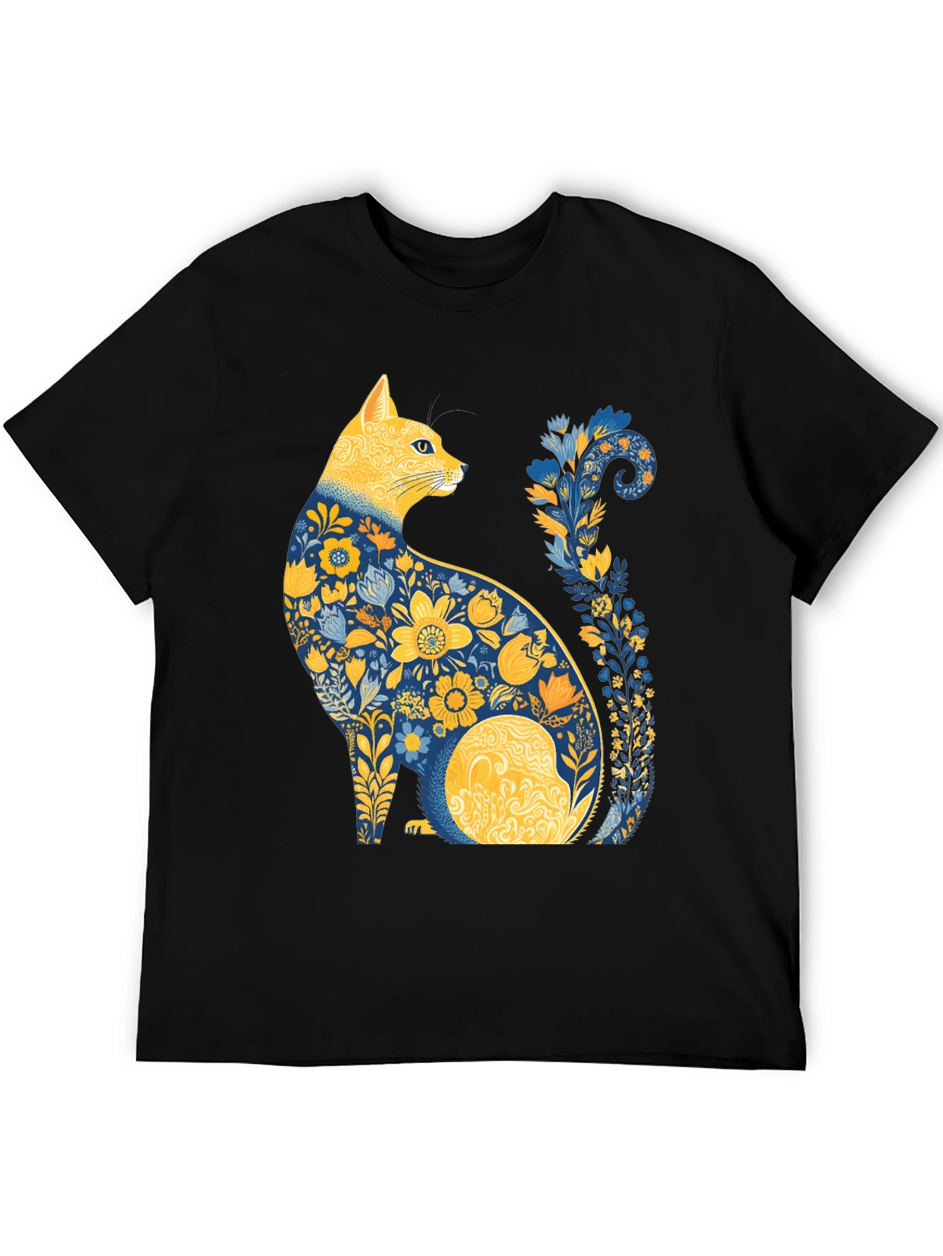 Black Floral Cat T-Shirt - Unique Artistic Design view 5
