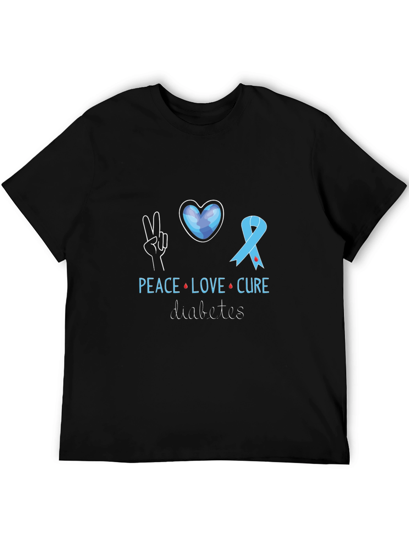 Black Peace Love Cure Diabetes Awareness T-Shirt view 5
