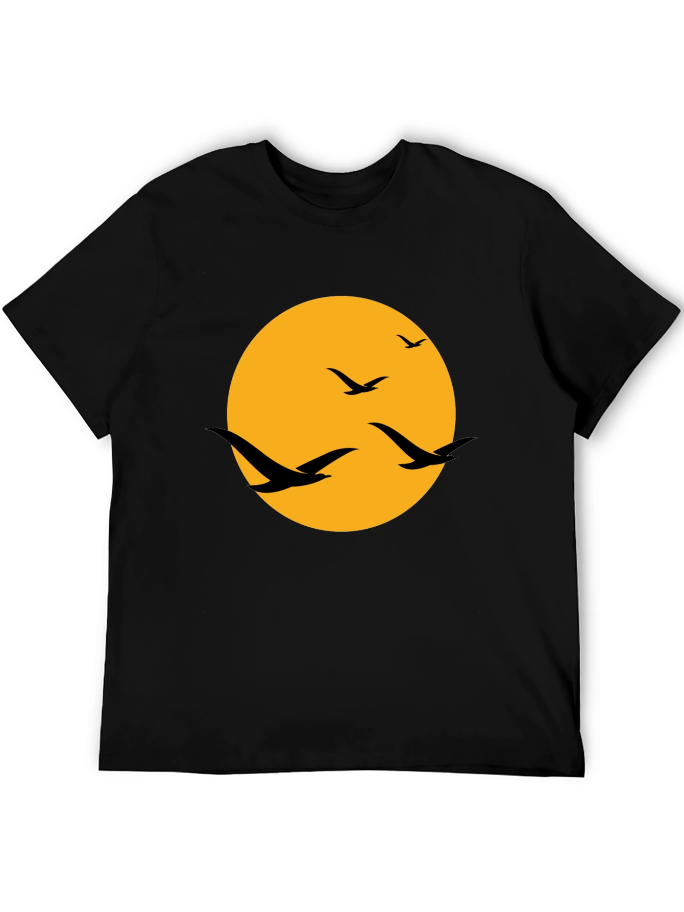 Black Men's Black T-Shirt with Birds and Moon Design view 5
