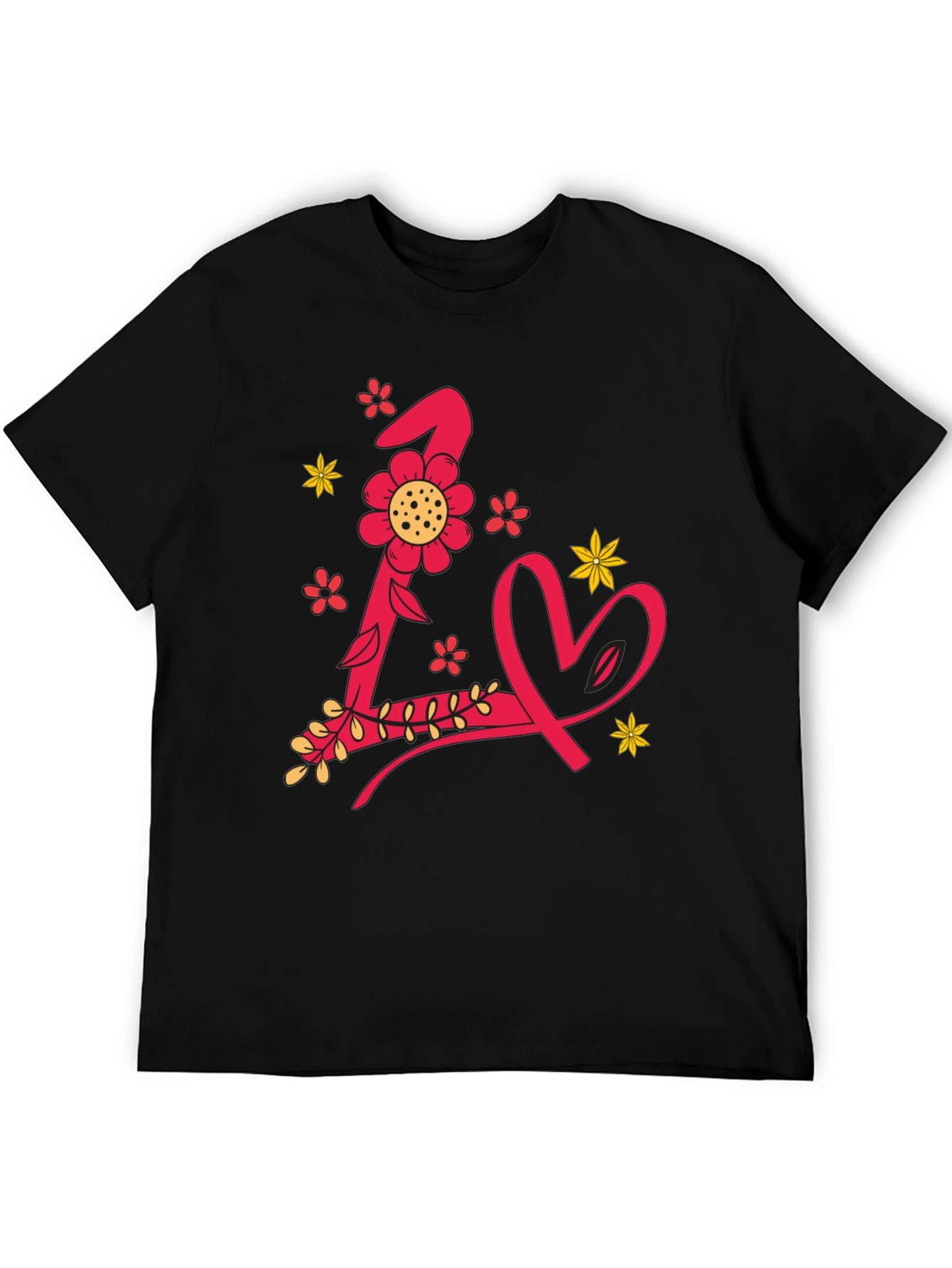 Black Floral Letter L Love Heart Black Graphic Tee view 5