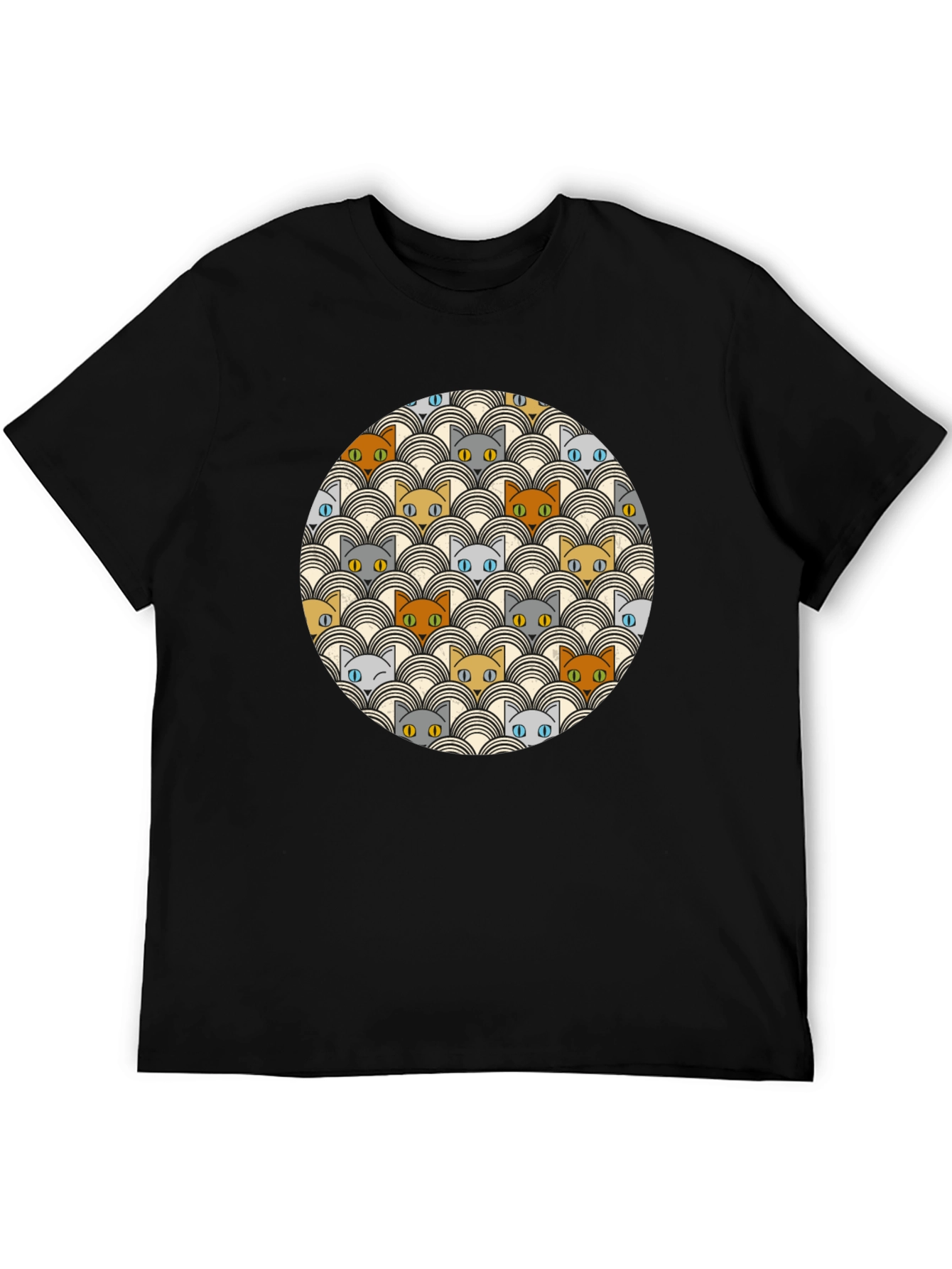 Black Retro Cat Pattern Black T-Shirt view 5