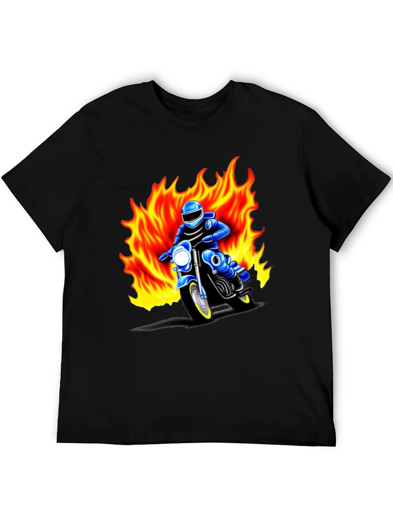 Black Men's Graphic T-Shirt - Motorcycle Rider in Flames view 5