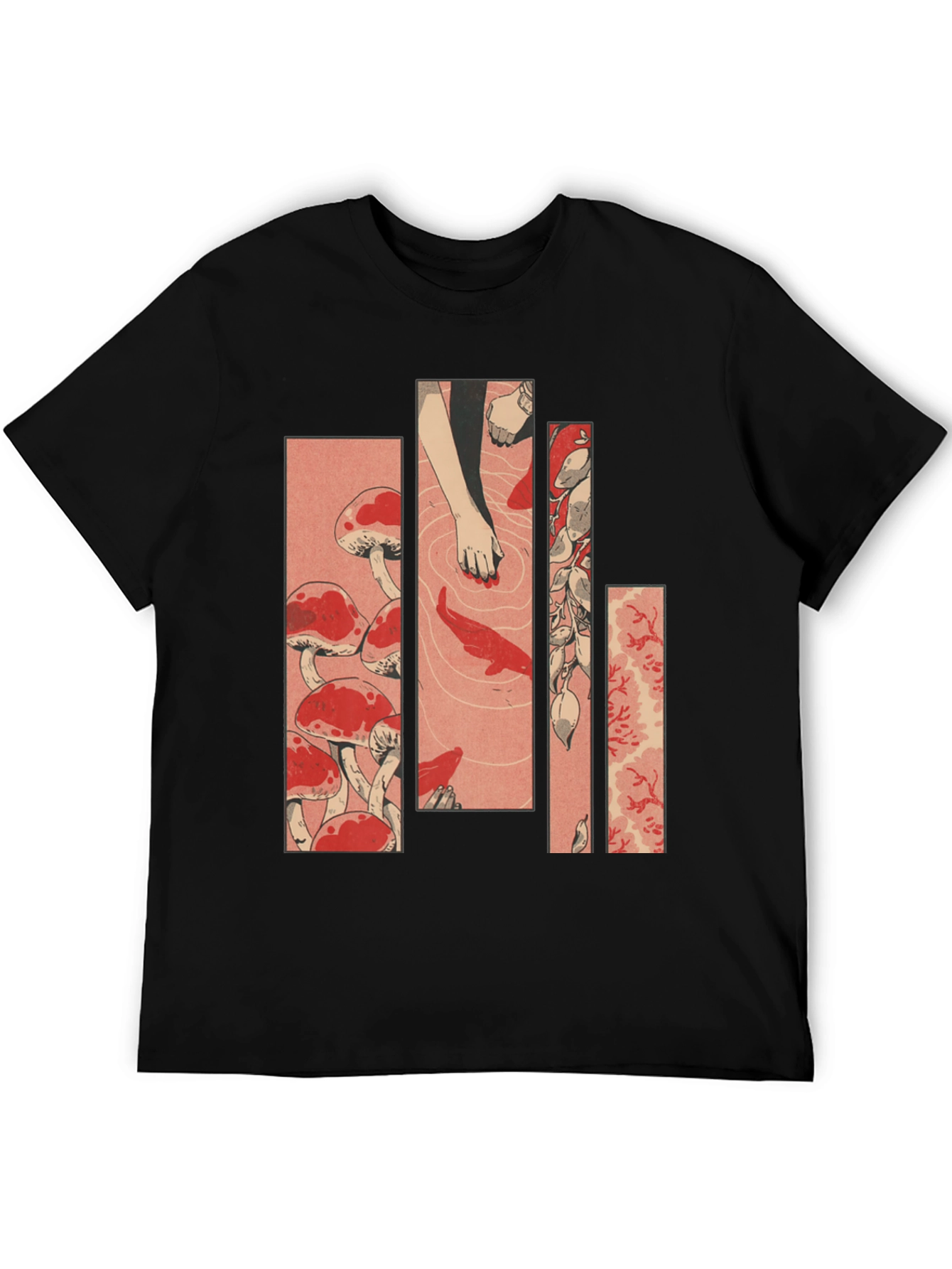 Black Ukiyo-e Style Mushroom & Koi Pond Graphic Tee view 5