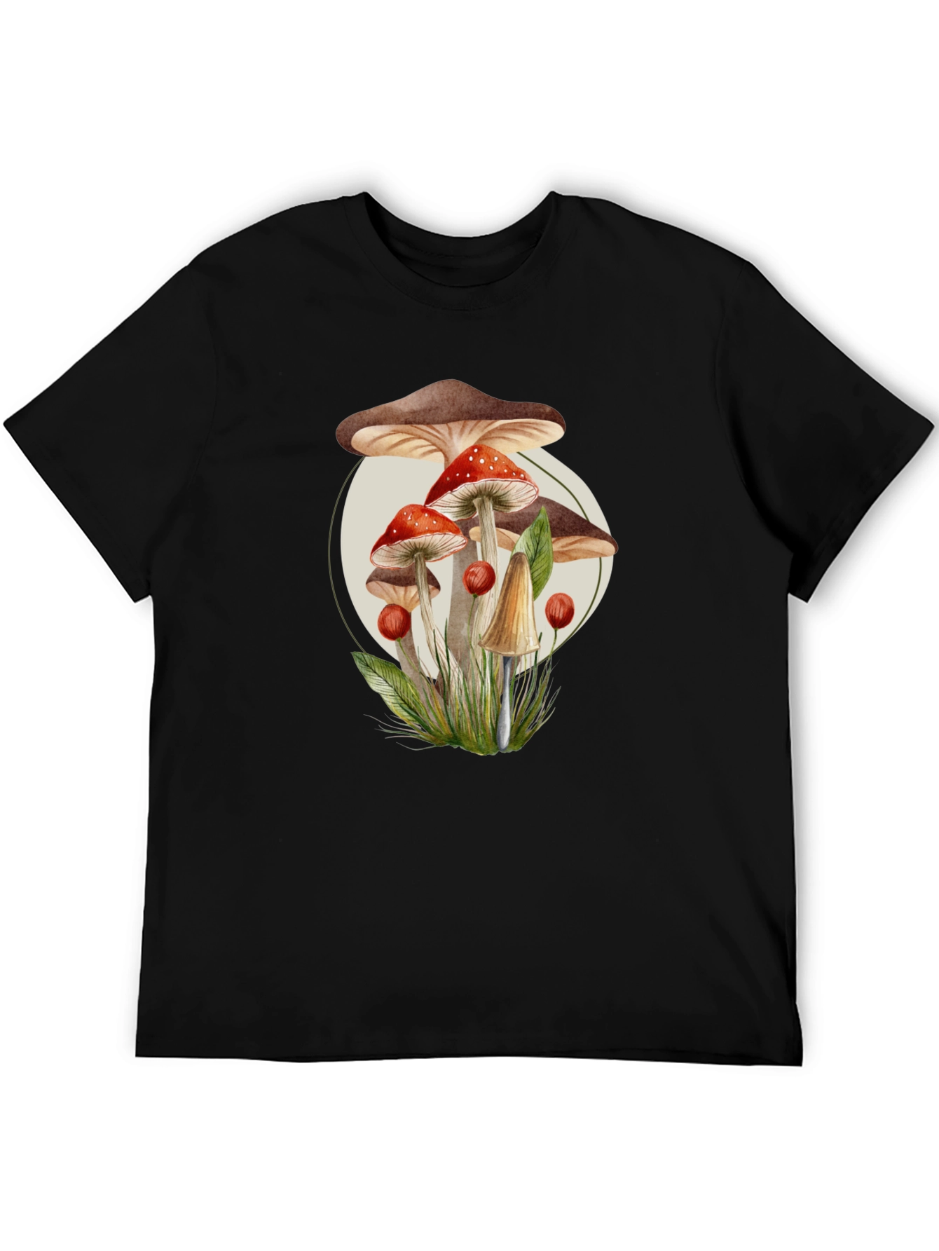 Black Mushroom Print Black T-Shirt - Unique Nature Design view 5