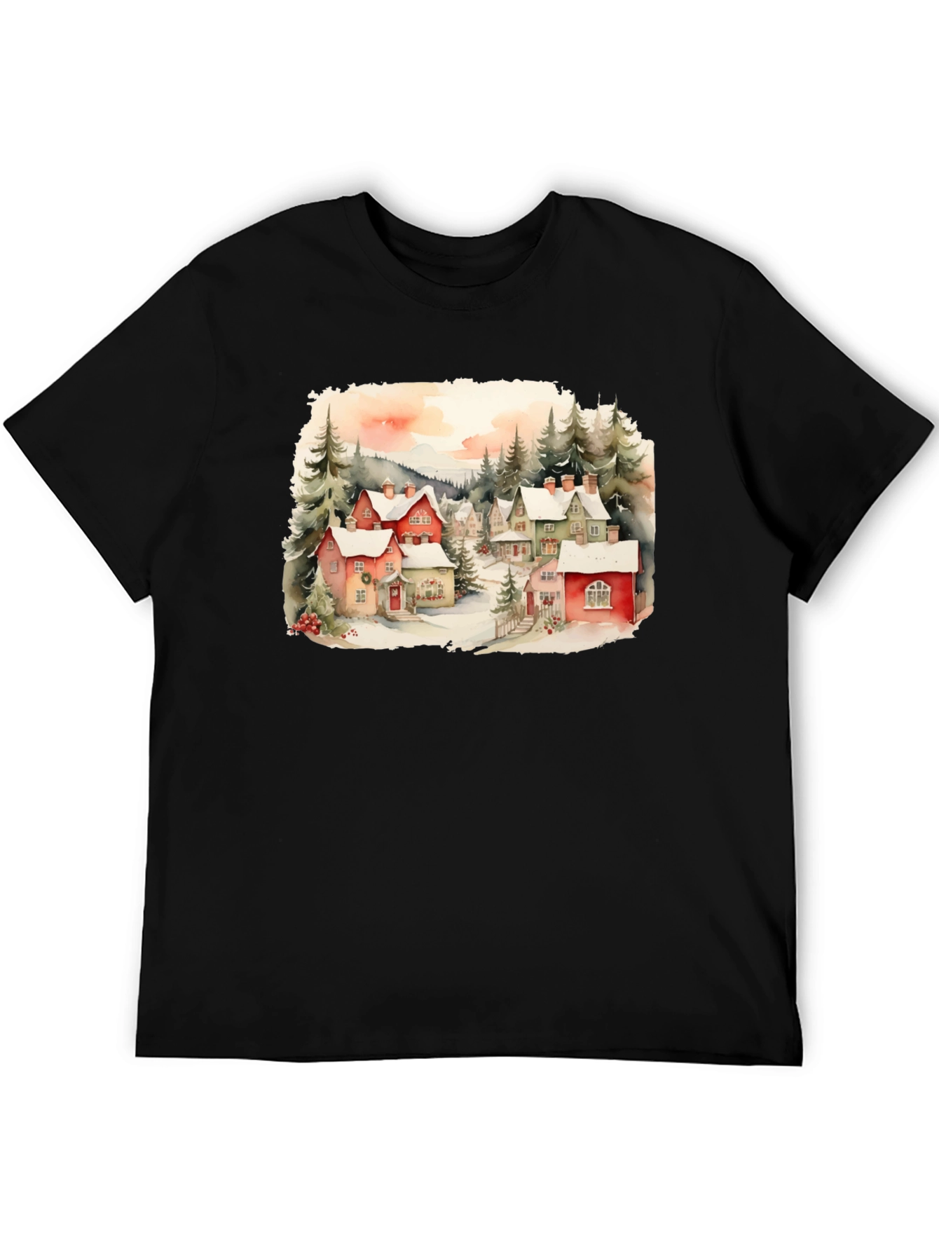 Black Watercolor Winter Village T-Shirt view 5