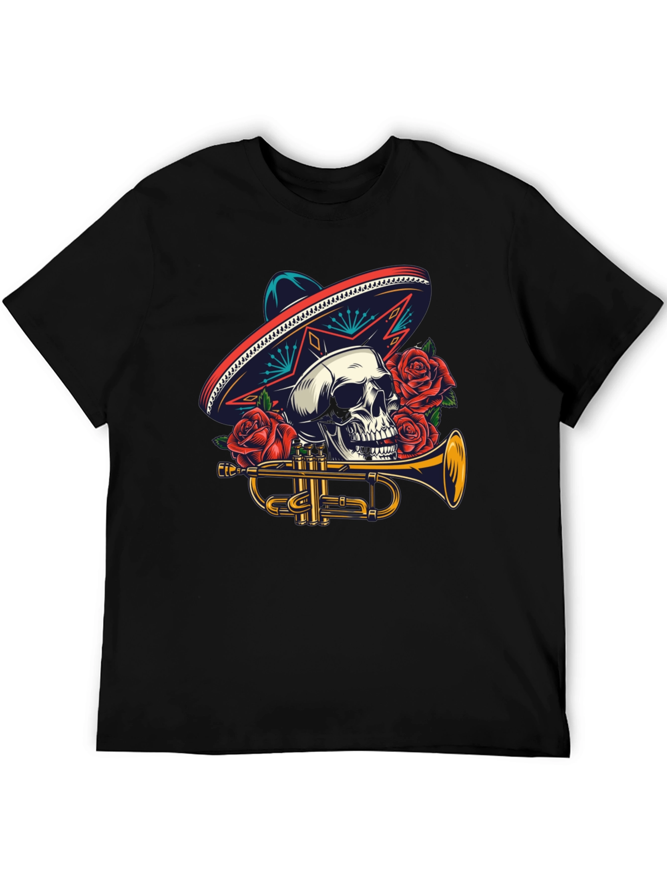 Black Skull Sombrero Trumpet Graphic Tee view 5
