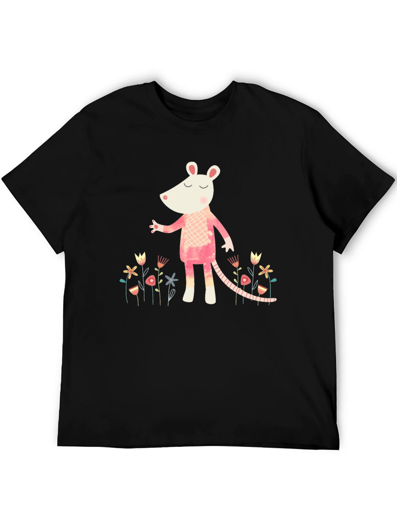 Black Whimsical Rat in Floral Garden Black T-Shirt view 5