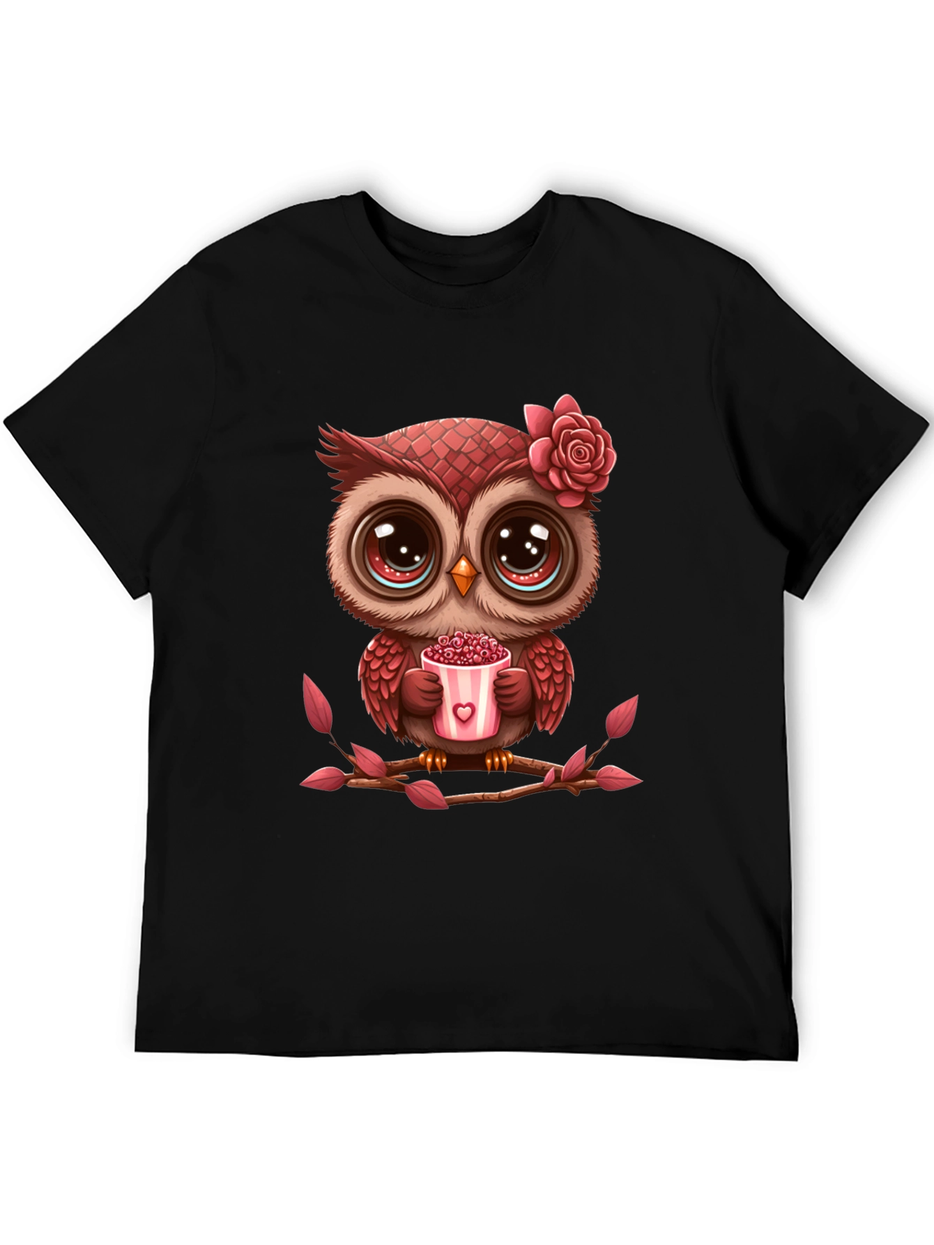 Black Cute Owl Valentine's Day Black T-Shirt view 5
