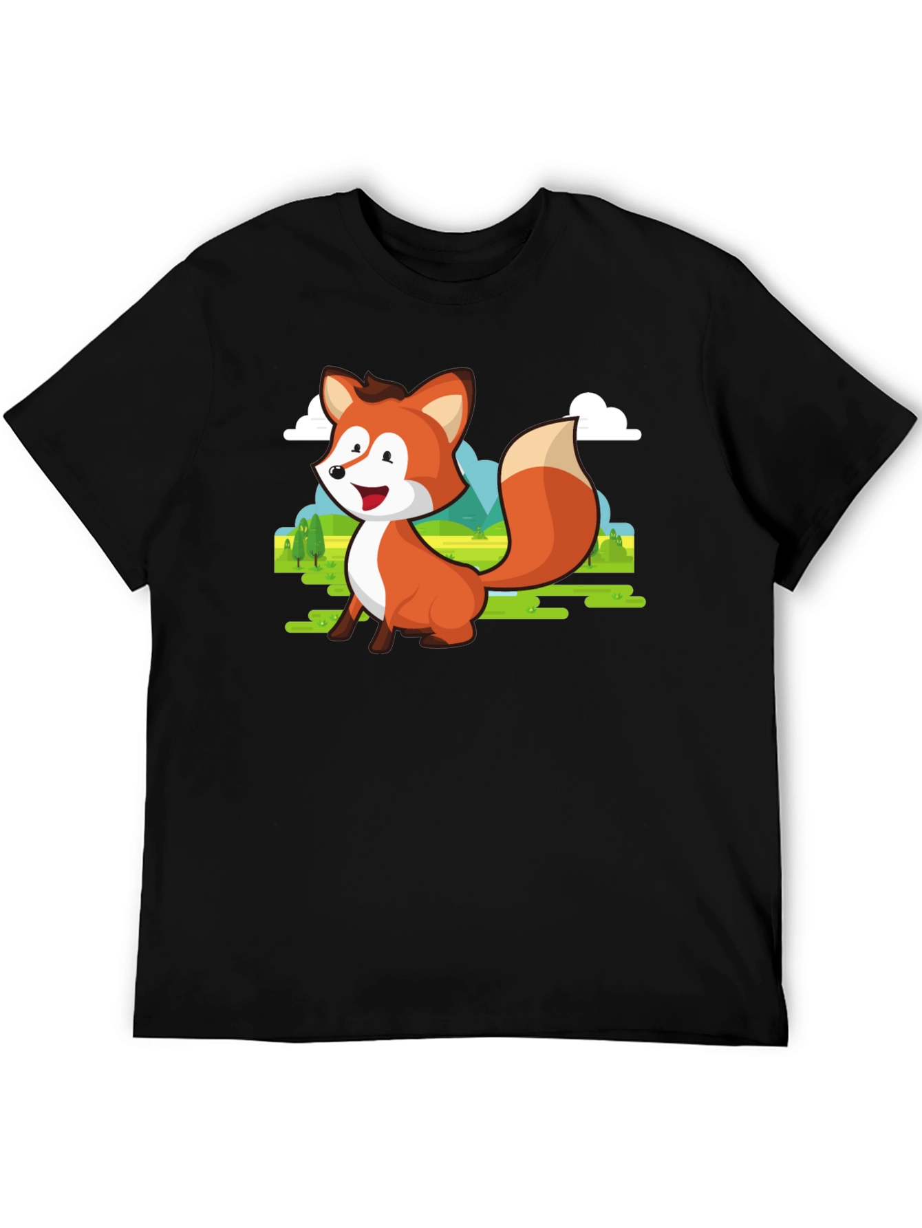 Black Cute Fox Cartoon T-Shirt - Men's Black Tee view 5
