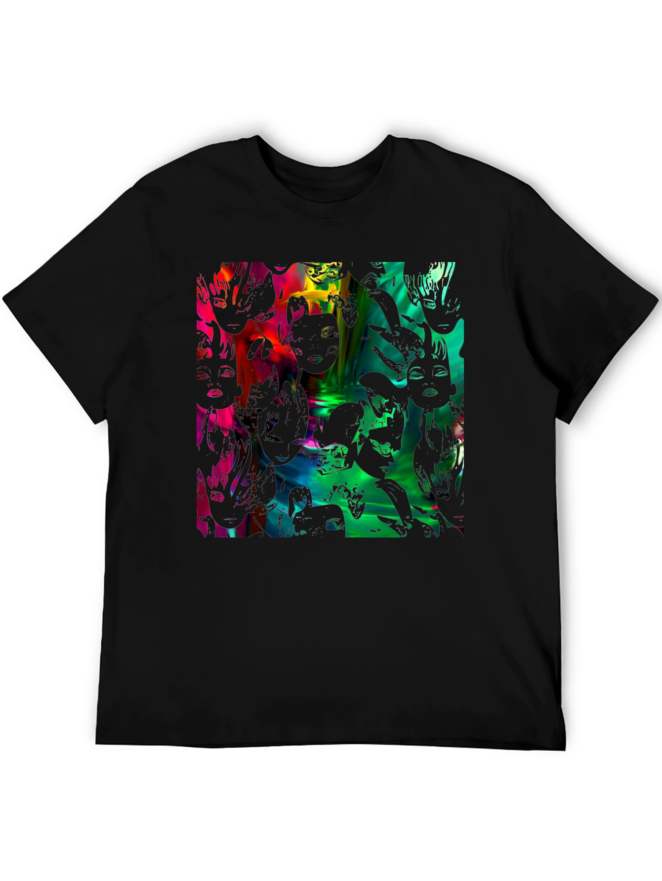 Black Abstract Faces Graphic Black Tee view 5