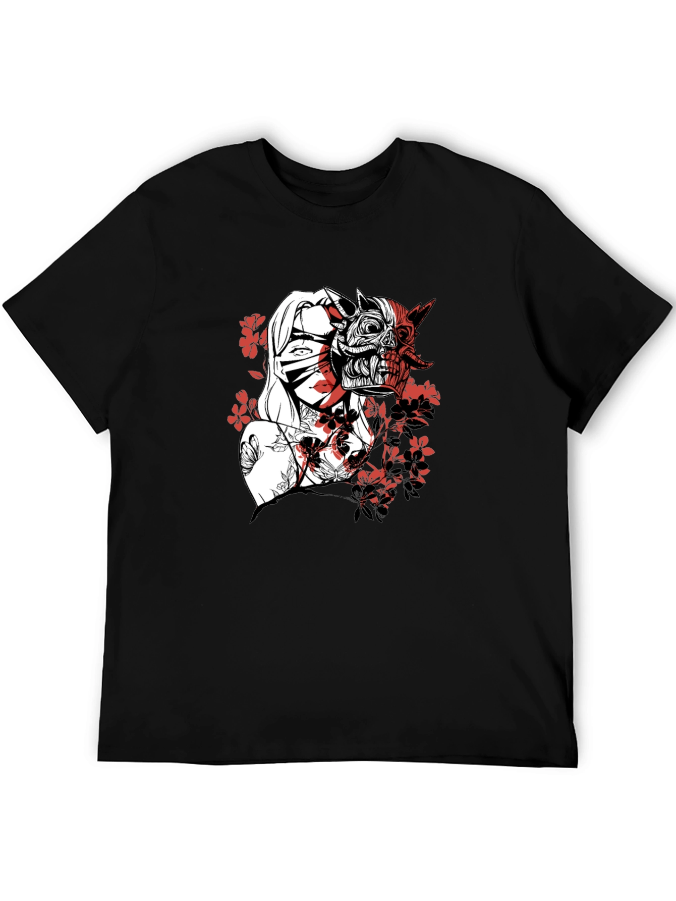 Black Men's Graphic Tee - Samurai Girl & Skull Design view 5