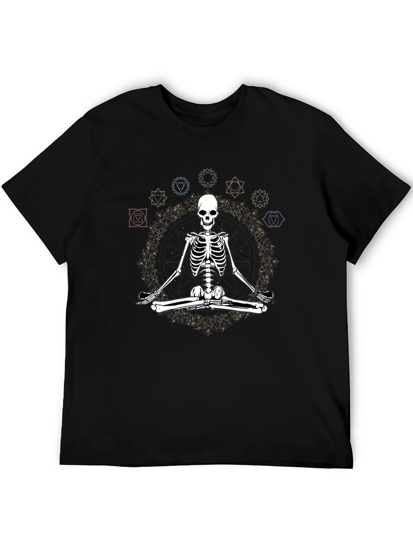 Black Meditating Skeleton Chakra T-Shirt - Yoga Death Black Tee view 5