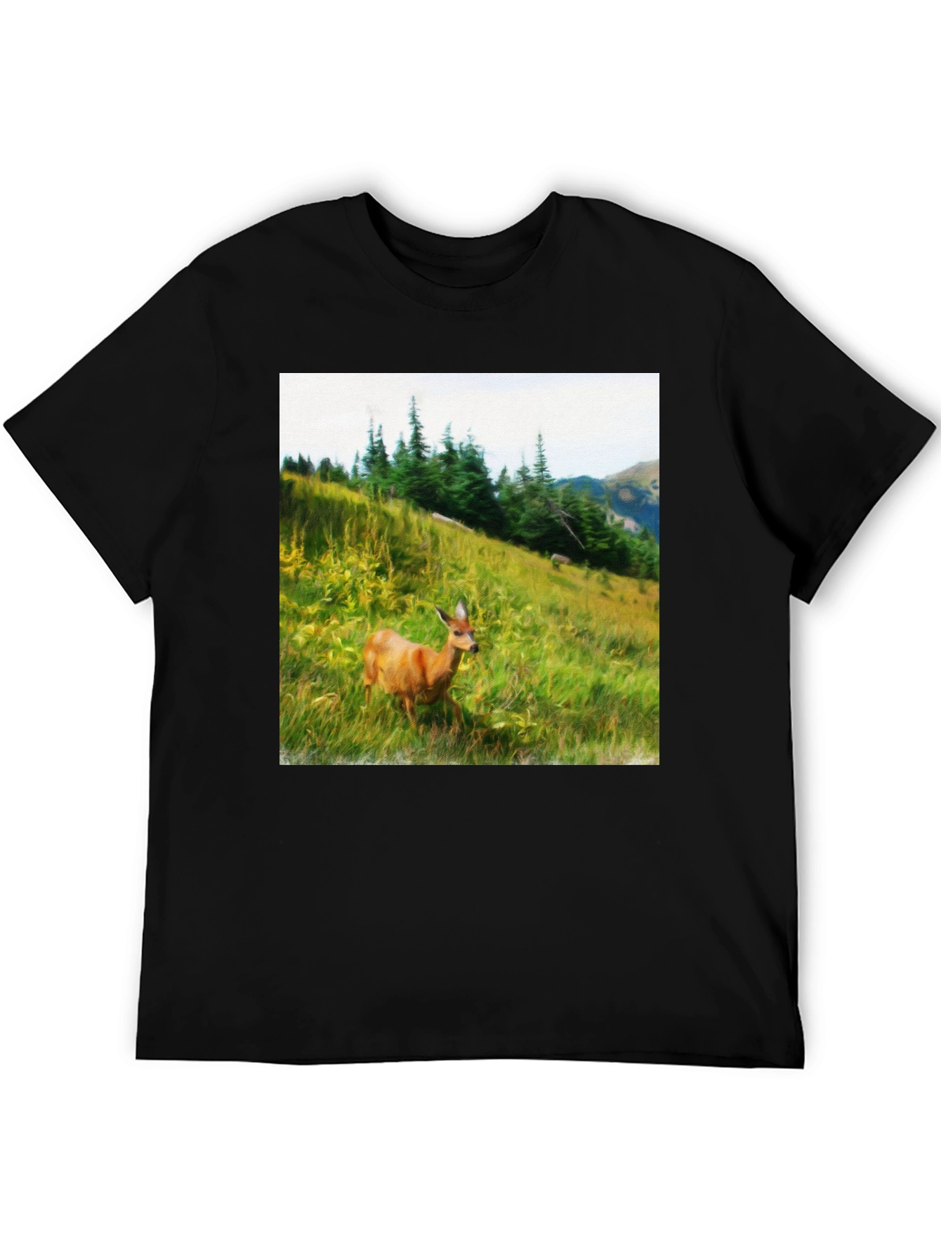 Black Nature Scene Deer Graphic Tee - Unisex Black T-Shirt view 5
