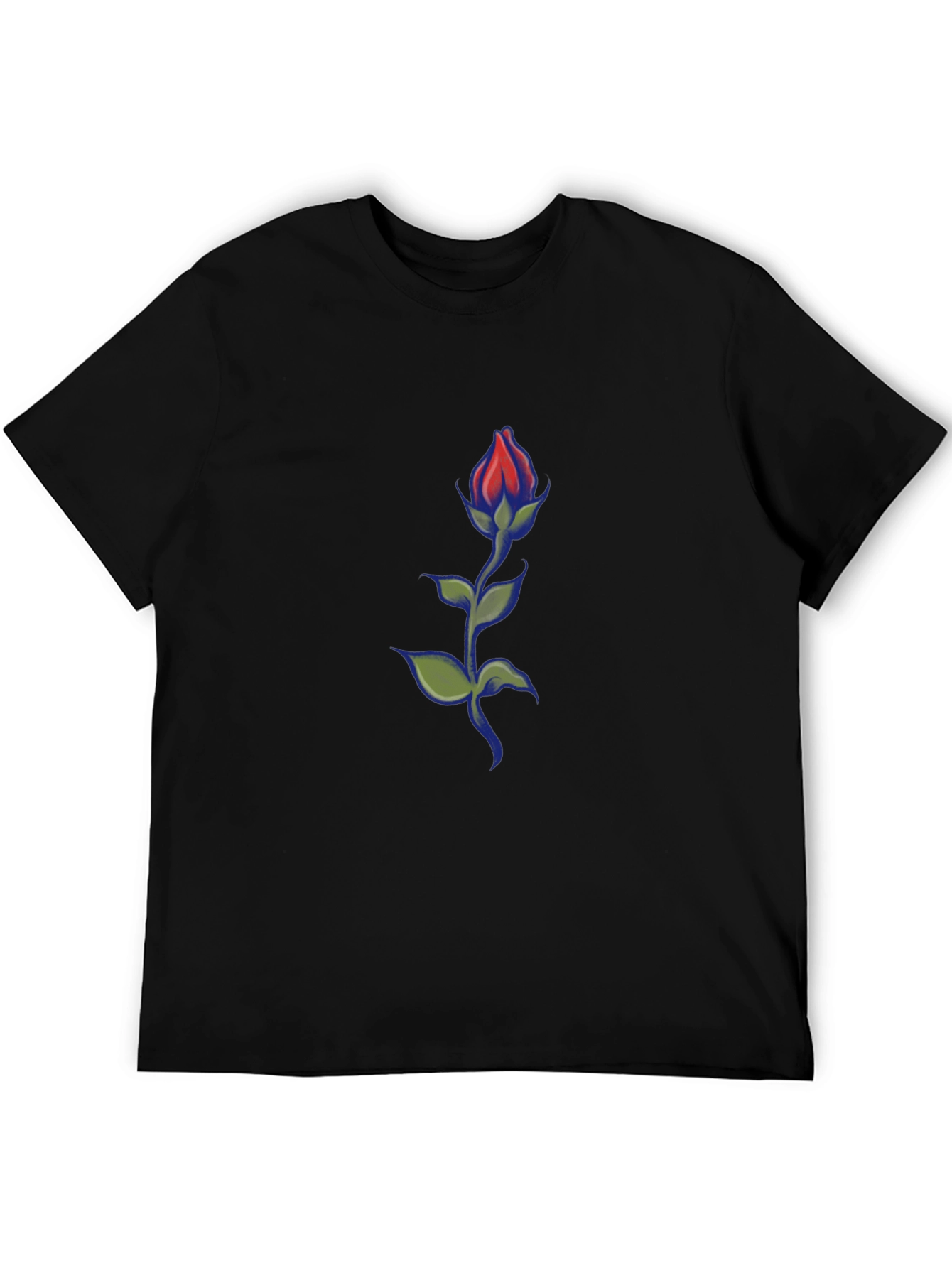 Black Men's Black T-Shirt with Rose Design view 5
