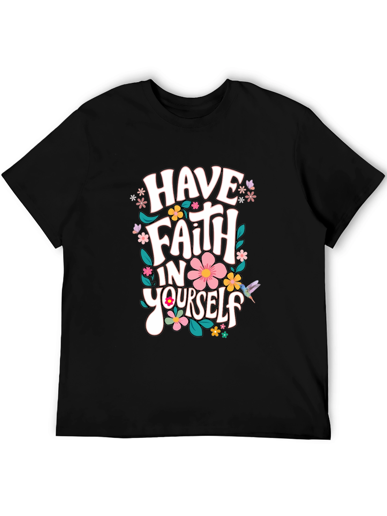 Black Faith In Yourself T-Shirt, Floral Design, Black view 5