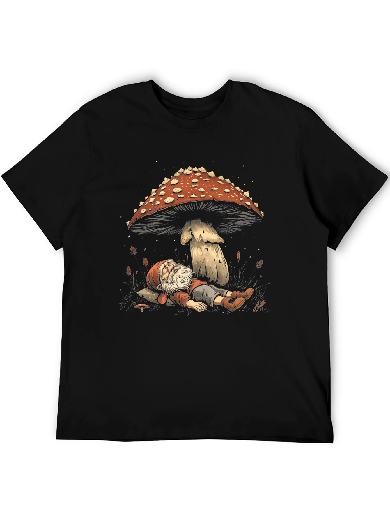Black Whimsical Gnome Resting Under Mushroom Tee view 5