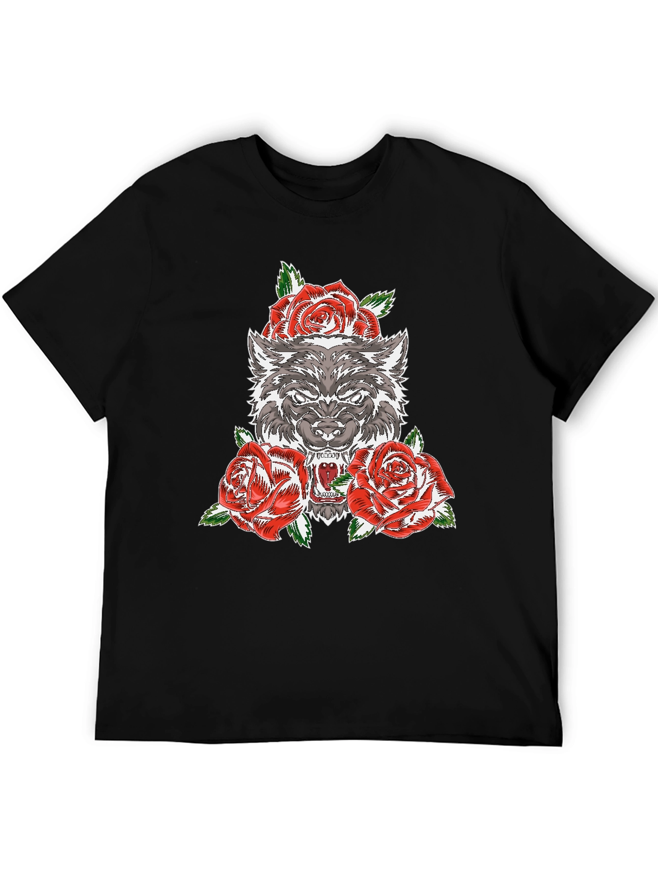 Black Wolf and Roses Graphic T-Shirt - Black view 5
