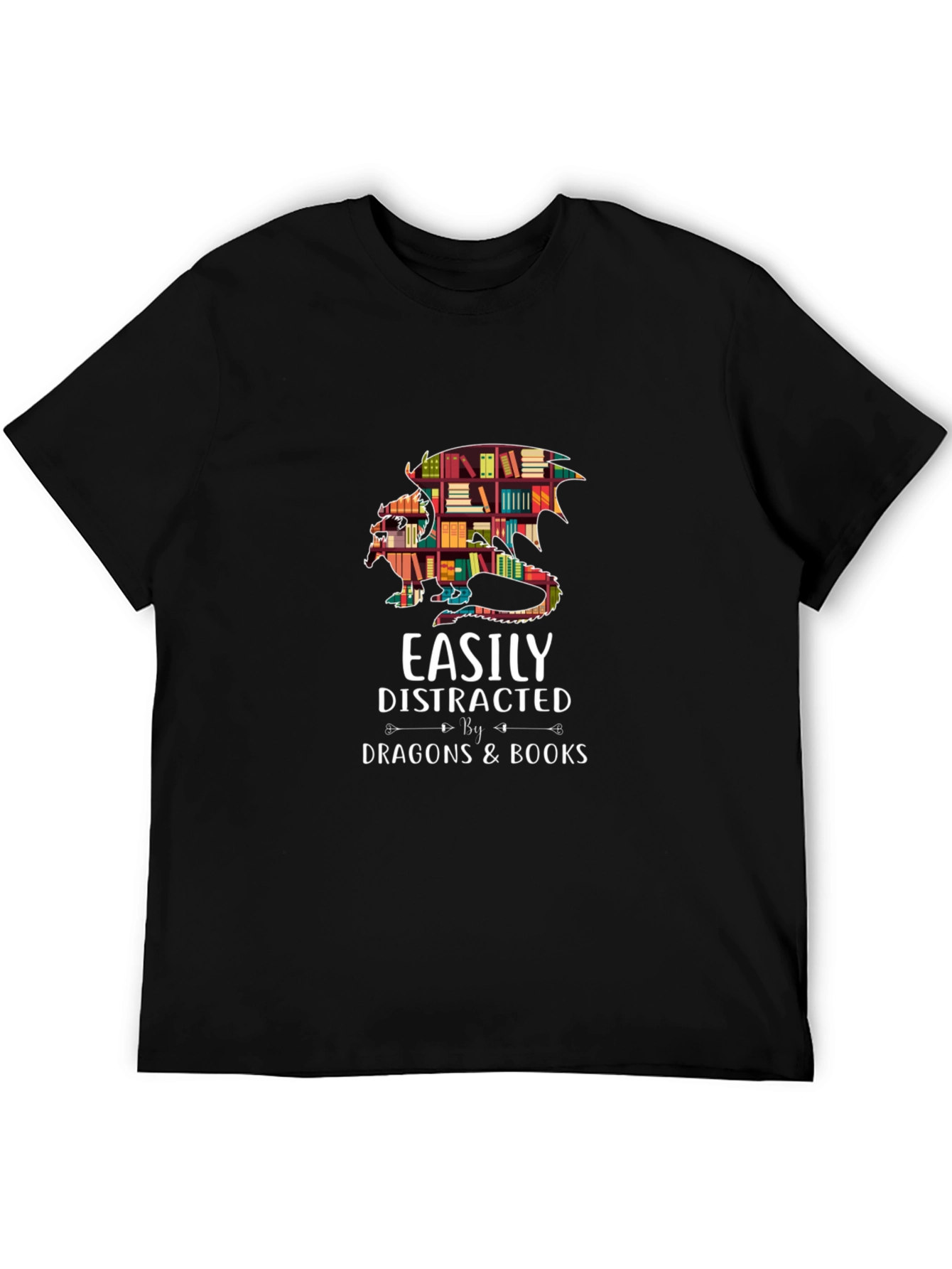 Black Easily Distracted By Dragons & Books Black T-Shirt view 5