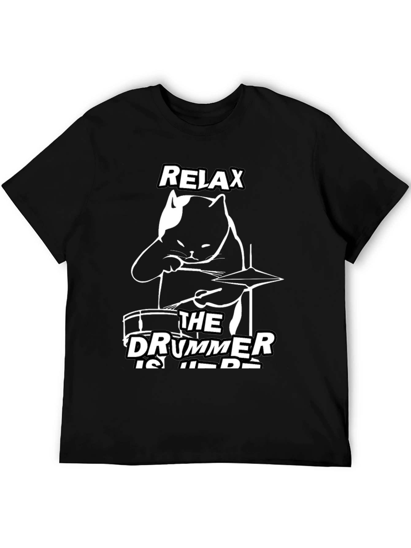 Black Relax The Drummer Is Here Black Cat T-Shirt view 5