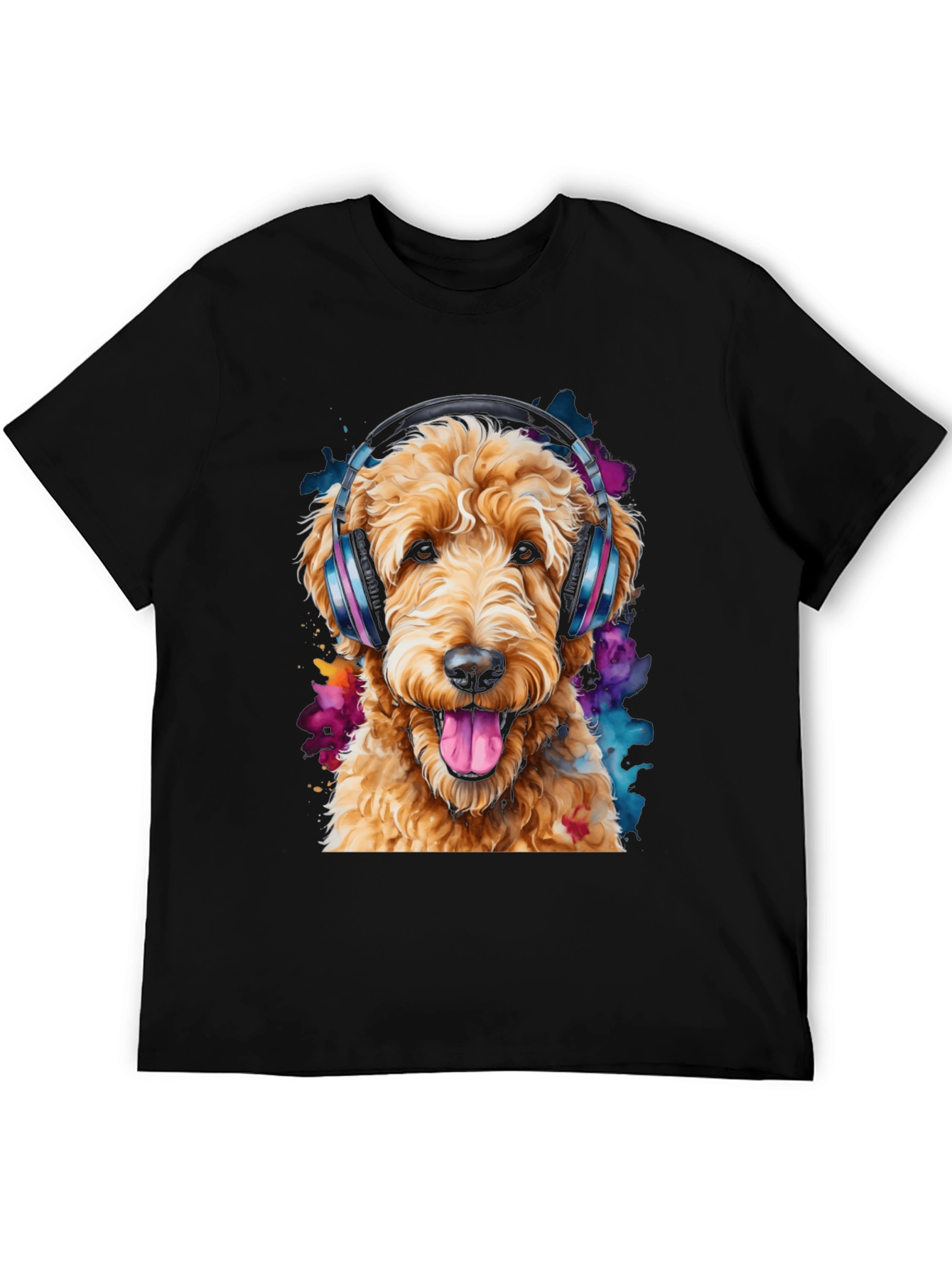 Black Dog with Headphones Black T-Shirt view 5