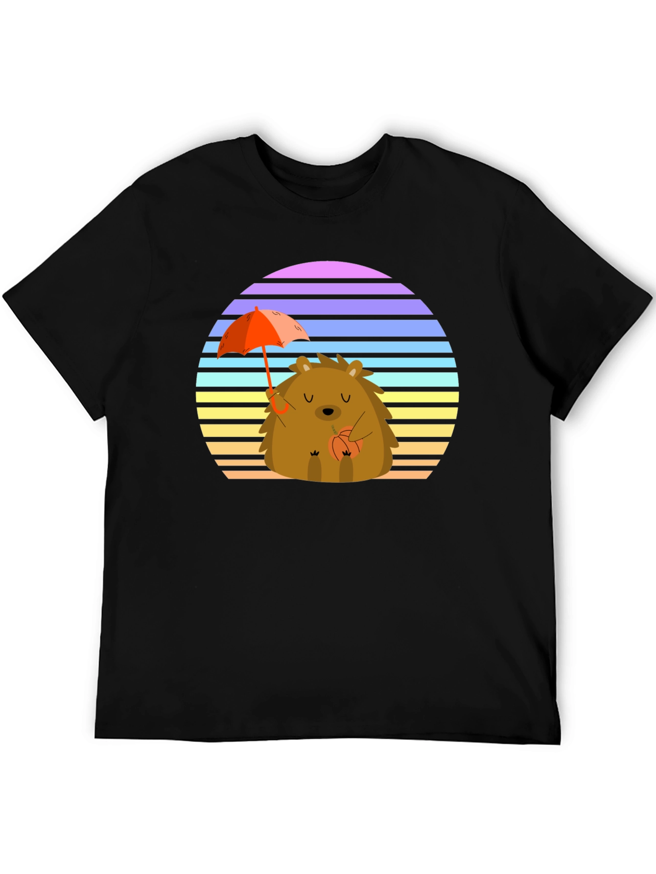 Black Cute Hedgehog T-Shirt with Retro Sunset Design view 5