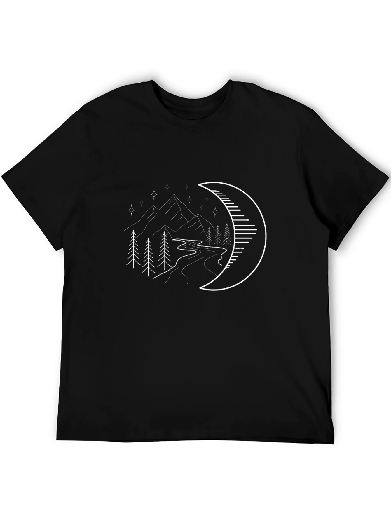 Black Minimalist Moon & Mountain Graphic Black T-Shirt view 5