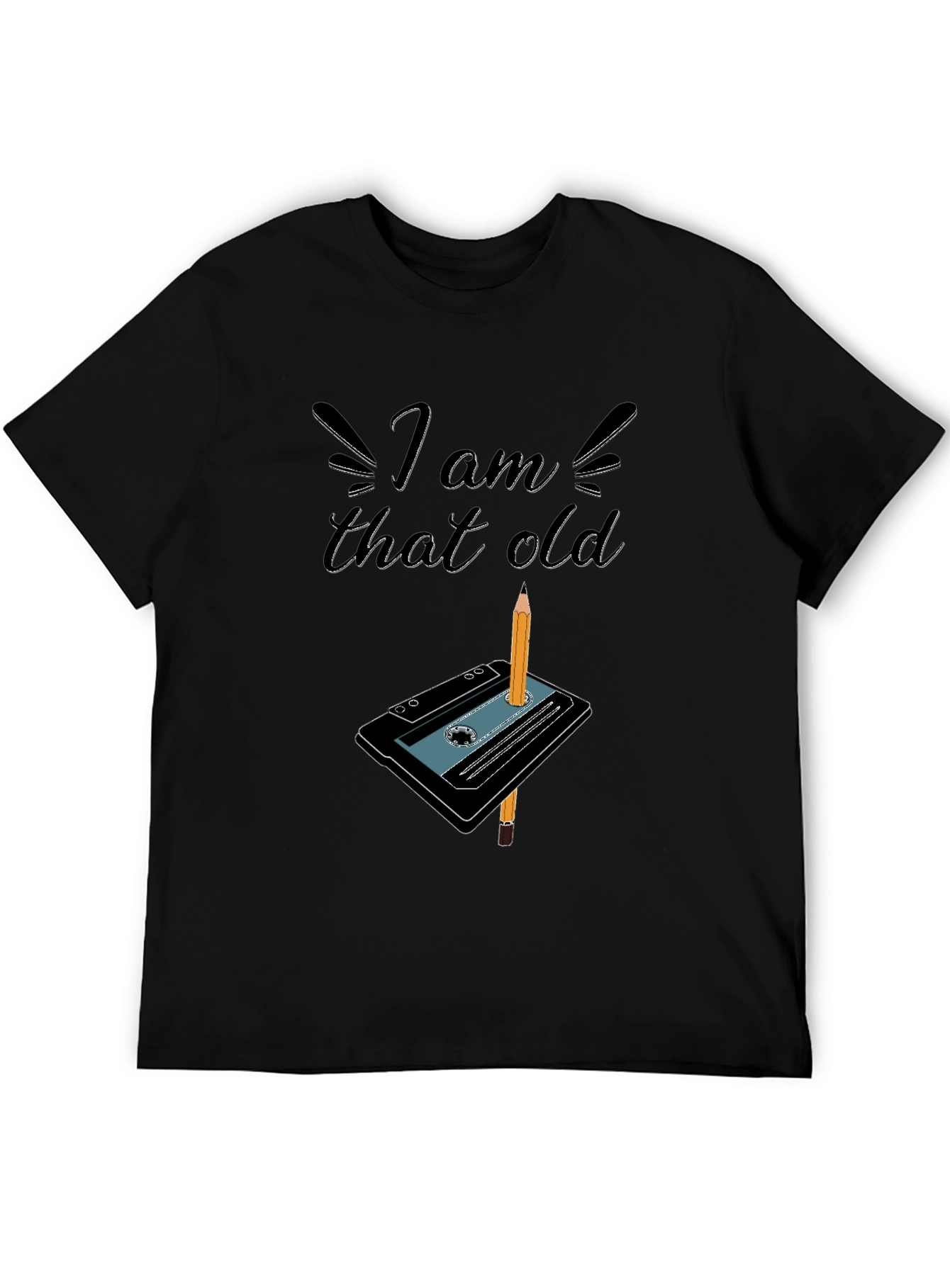 Black I Am That Old Cassette Tape & Pencil Graphic T-Shirt view 5