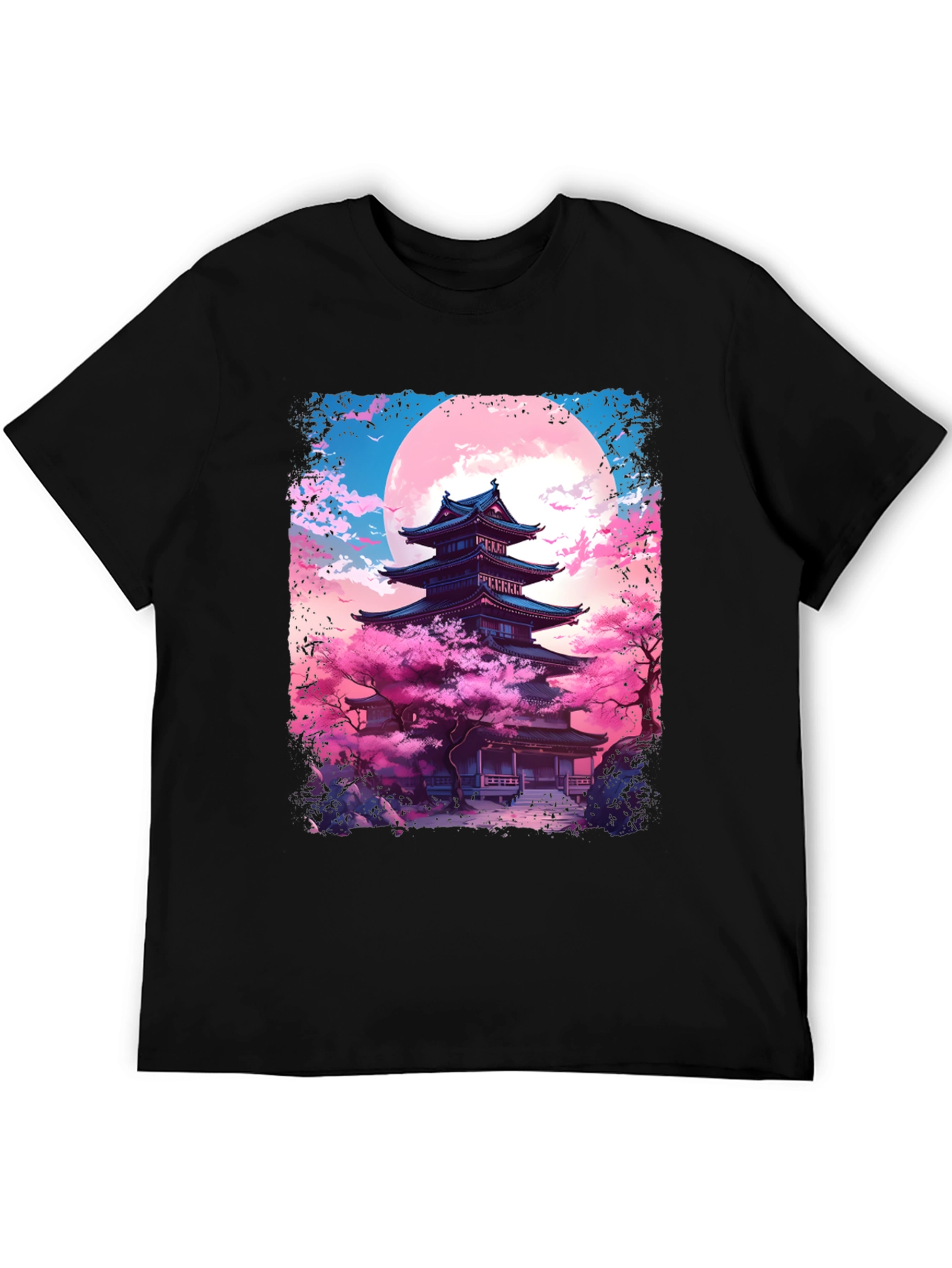 Black Japanese Temple Sakura Moon Men's Graphic Tee view 5