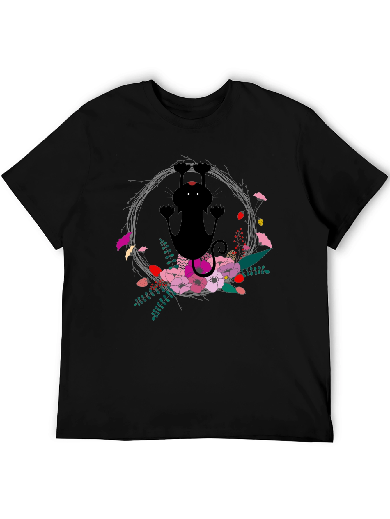 Black Floral Cat Black T-Shirt - Fun & Unique Design view 5