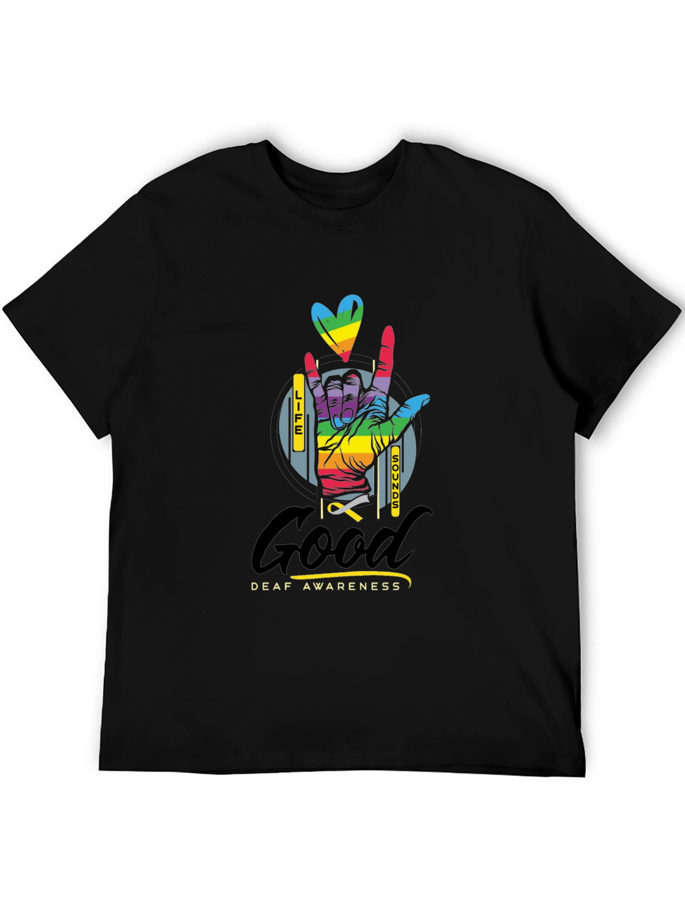 Black Deaf Awareness I Love You Hand Sign T-Shirt view 5