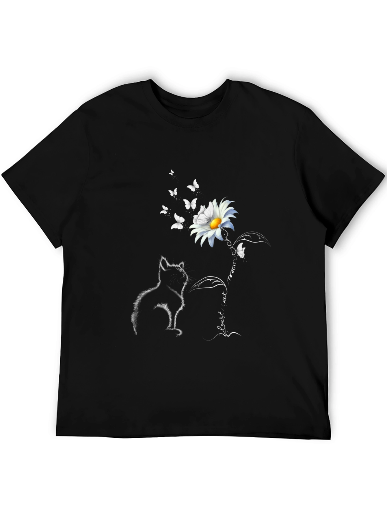 Black Cat & Daisy T-Shirt: Black Tee with Unique Graphic view 5