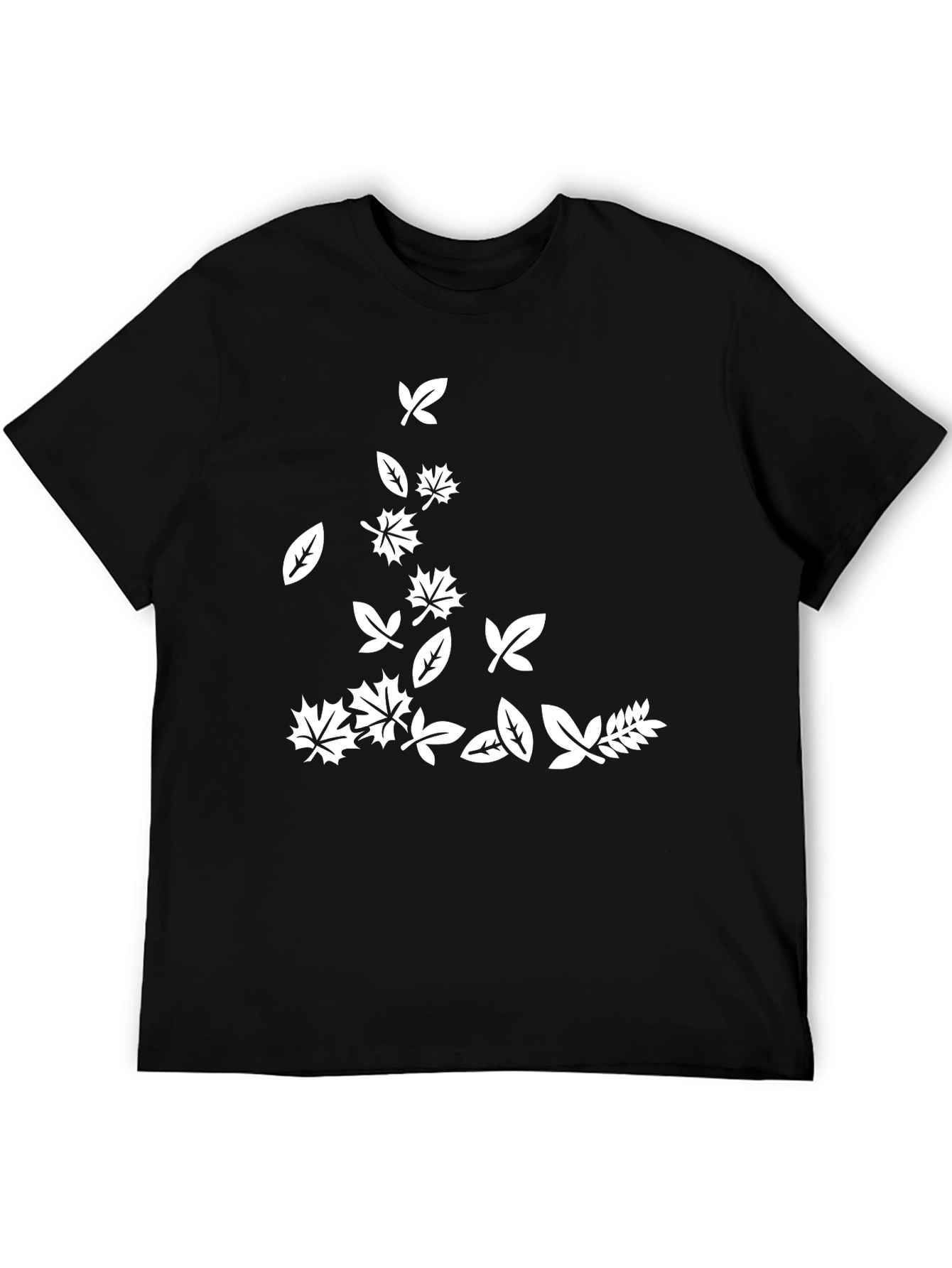 Black Men's Black T-Shirt with Falling Leaves Design view 5
