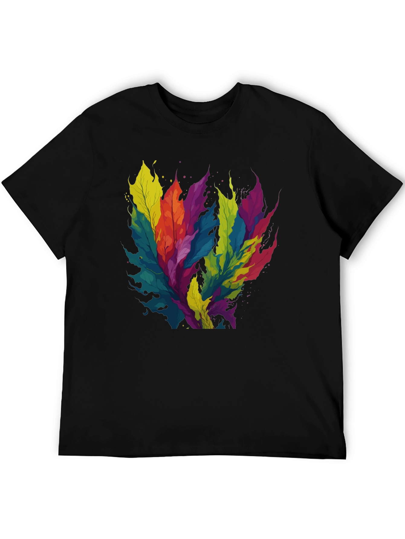 Black Colorful Leaf Design Black T-Shirt view 5