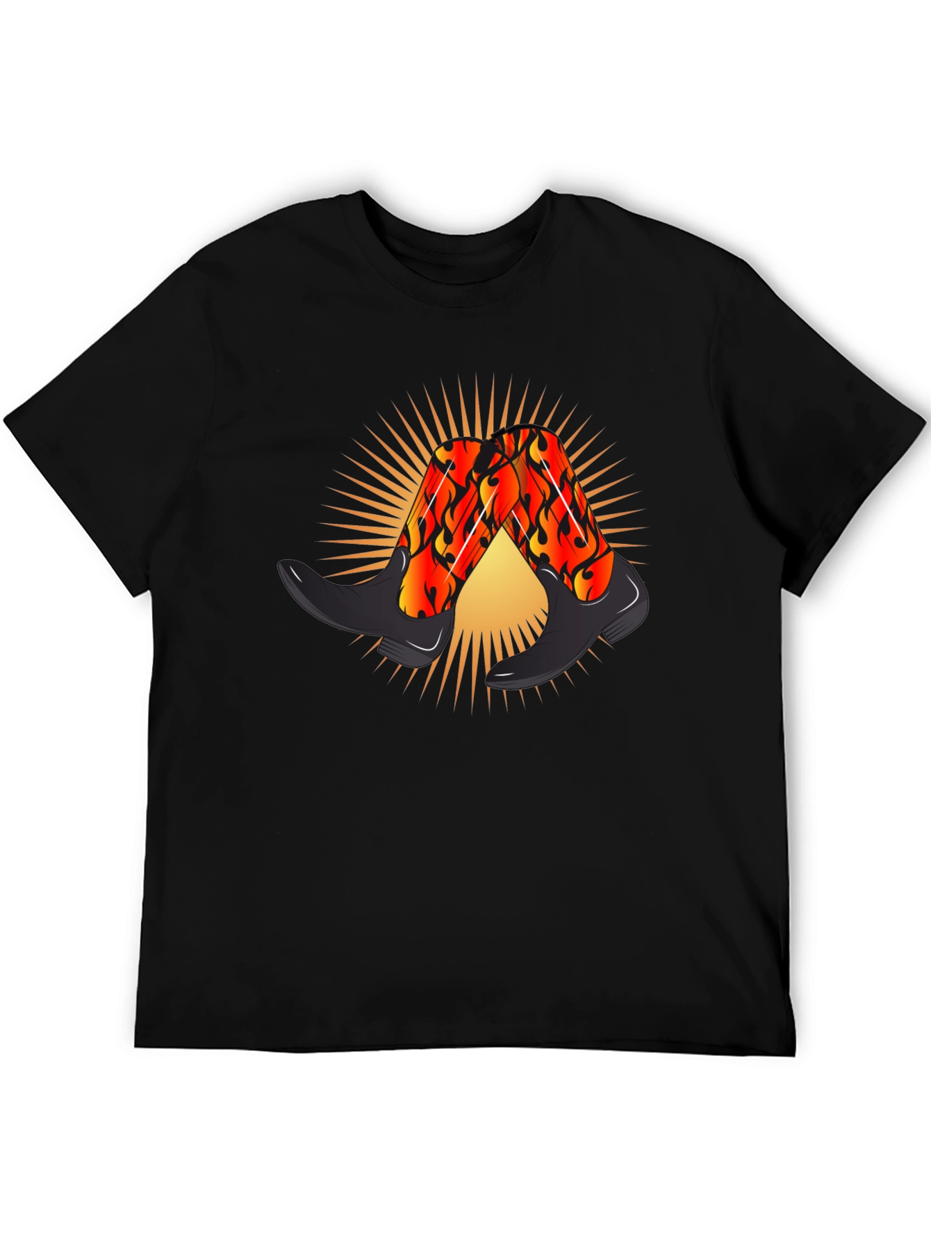 Black Fiery Cowboy Boots Graphic Black T-Shirt view 5