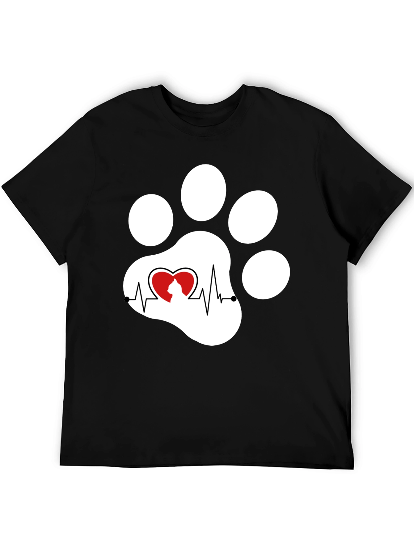 Black Black Cat Paw Heartbeat T-Shirt view 5