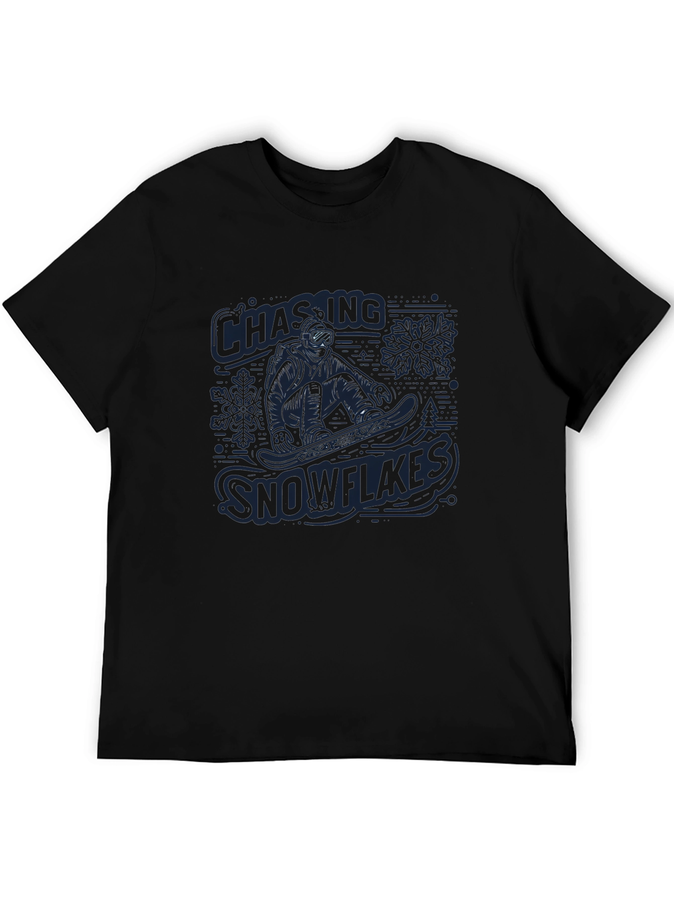 Black Snowflakes Chasing Graphic T-Shirt - Men's Black Crew Neck view 5