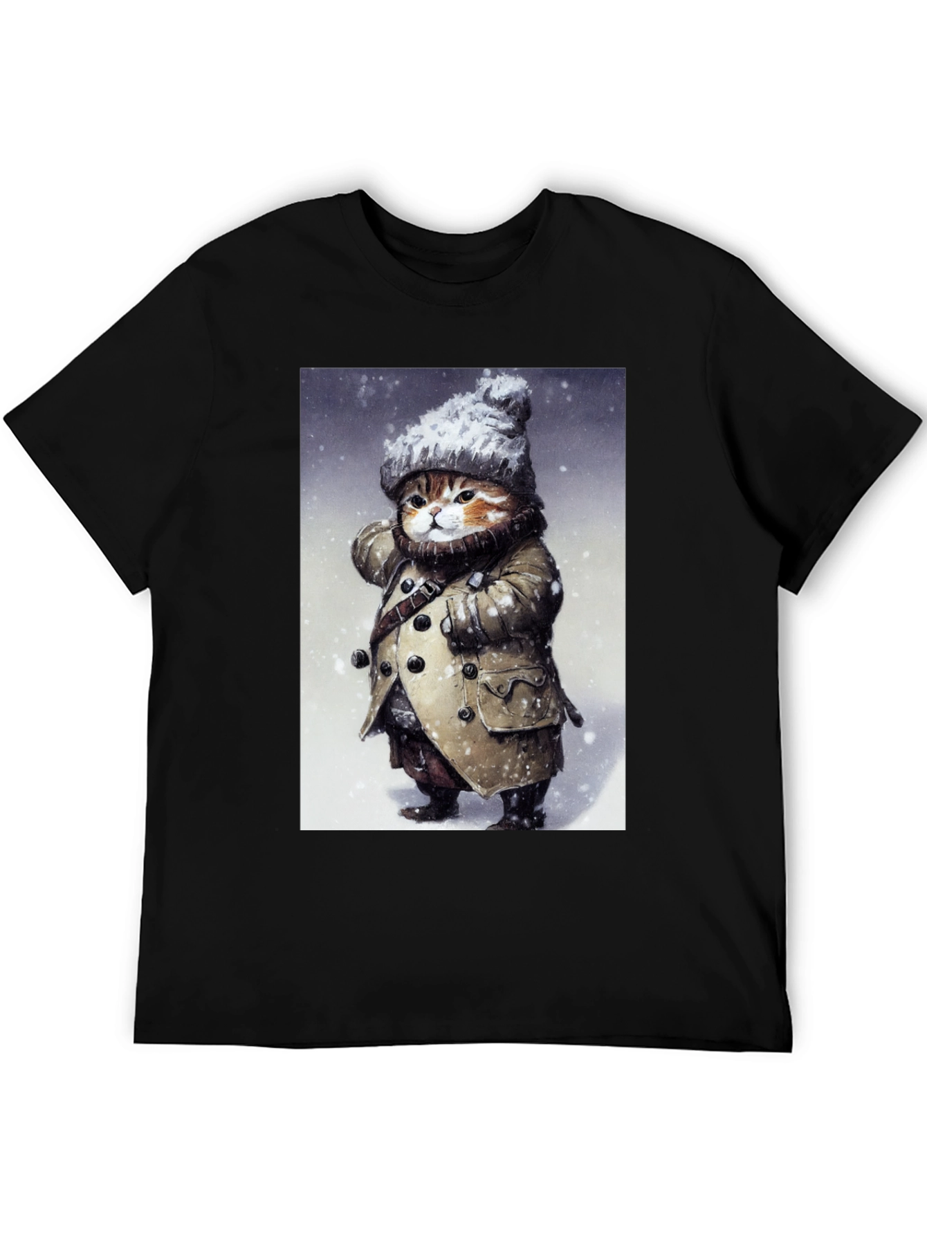 Black Winter Cat in Coat T-Shirt - Unique Graphic Tee view 5