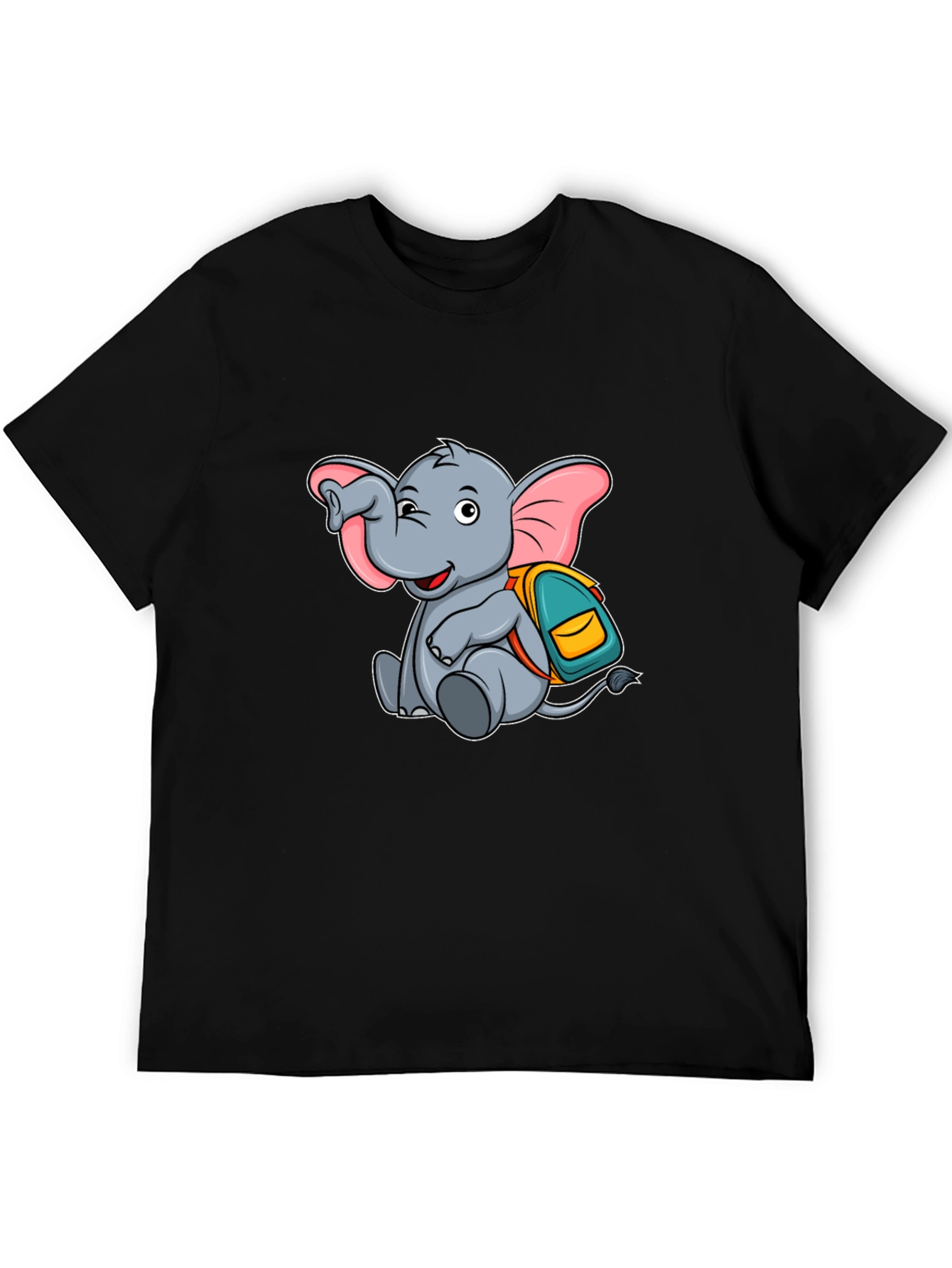 Black Cute Elephant with Backpack Black T-Shirt view 5