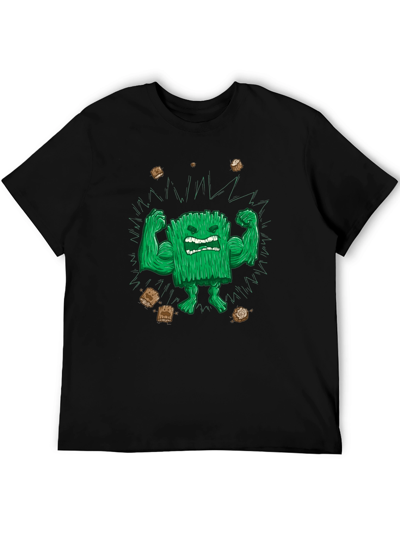 Black Funny Graphic T-Shirt: Grass Character Flexing view 5