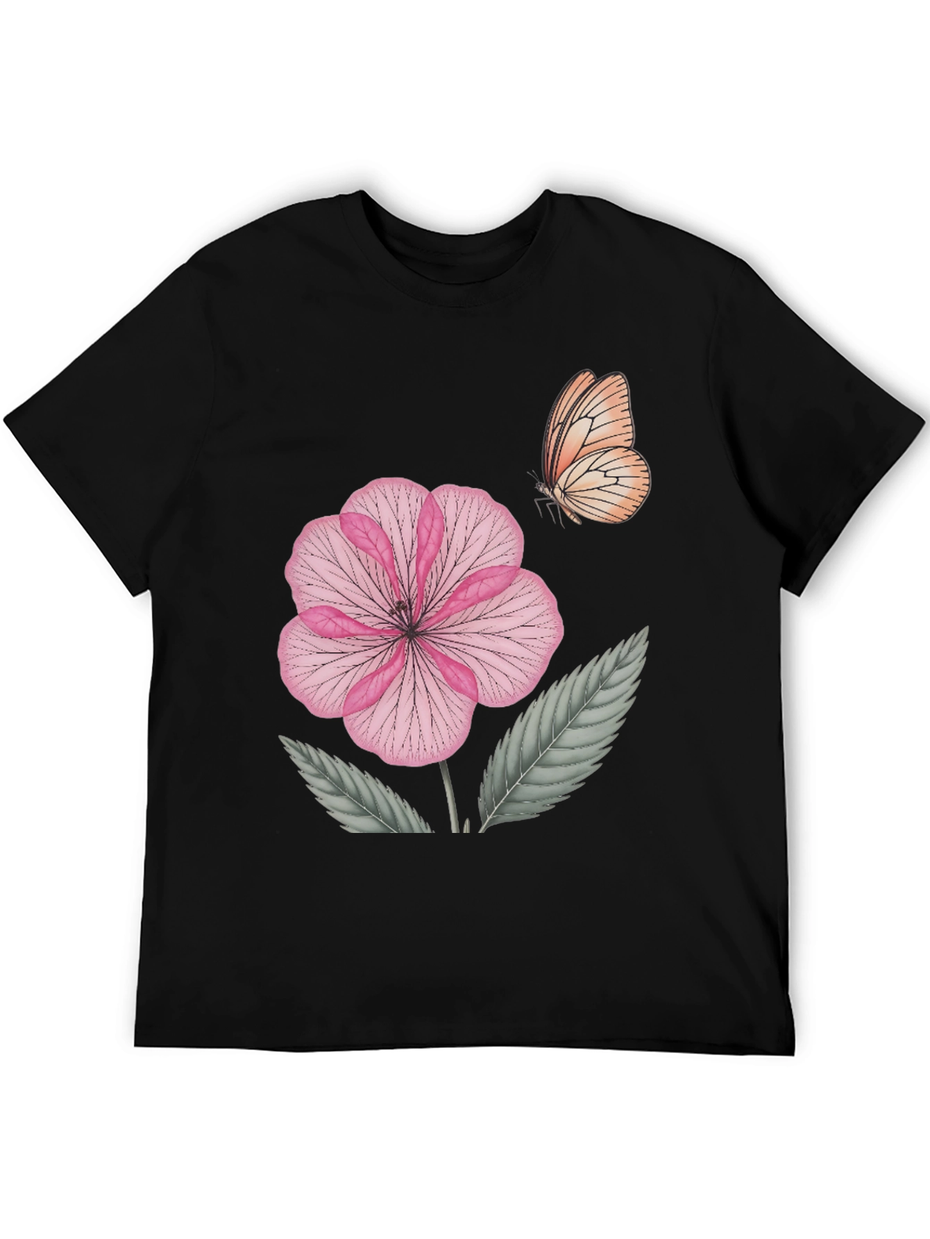Black Floral Butterfly Print Black T-Shirt view 5